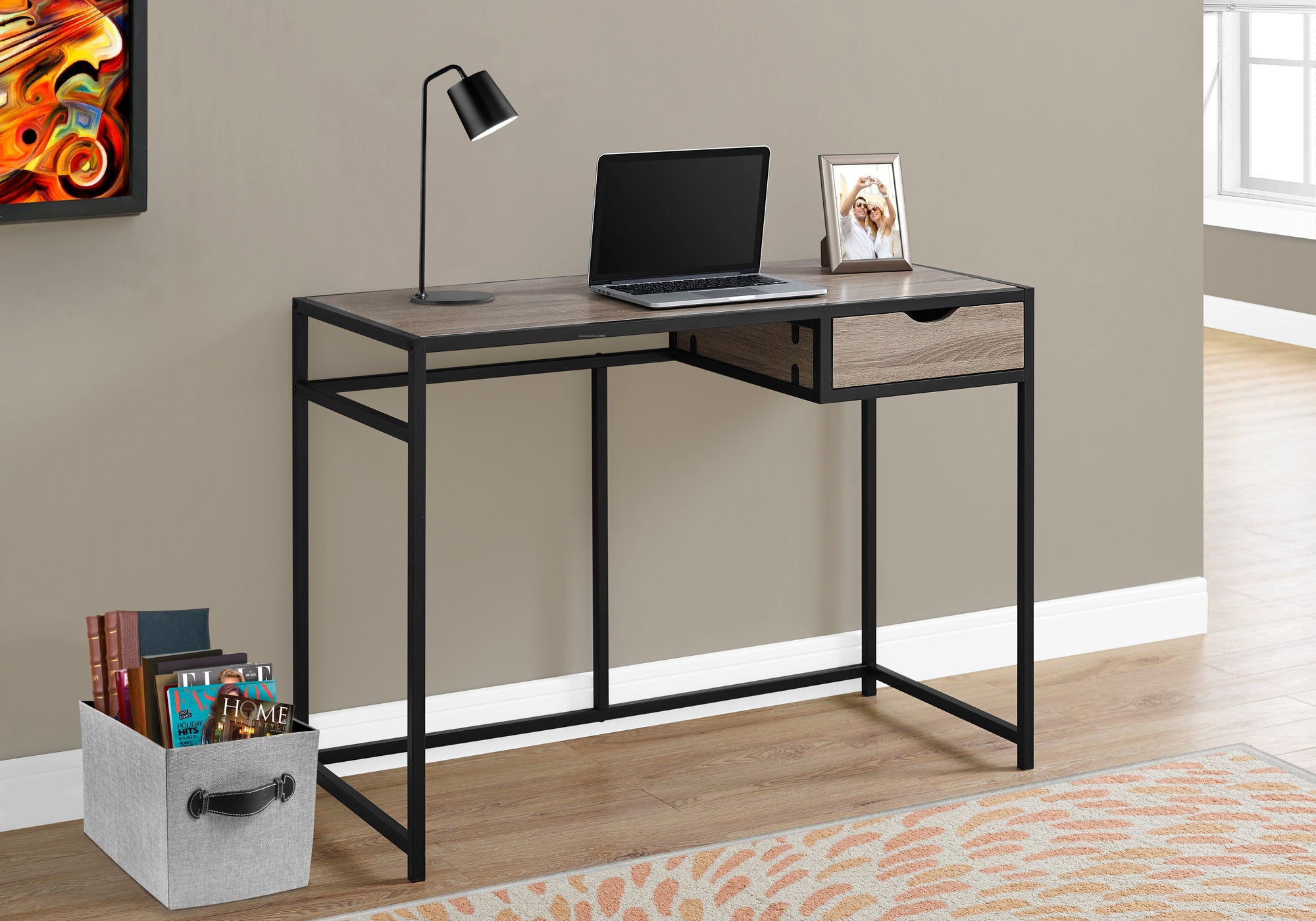 I 7221 Bureau, Bureau À Domicile, Ordinateur Portable, Tiroir De Rangement, 42"l, Travail, Métal, Stratifié, Brun, Noir, Contemporain, Moderne - Simple Boutique