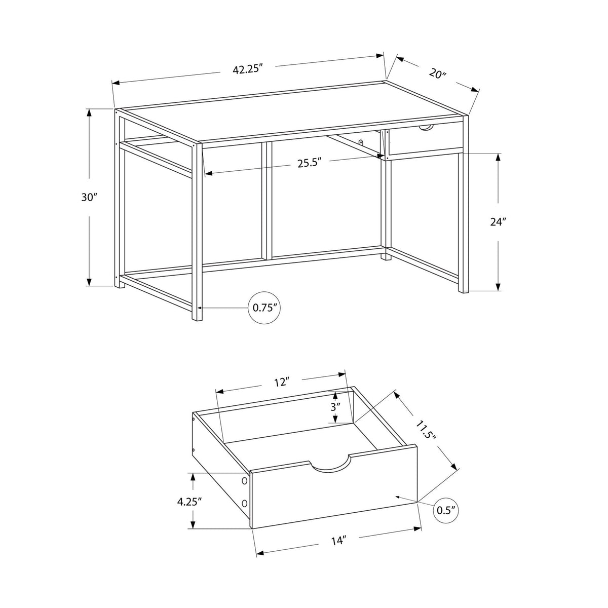 Monarch Specialties I 7222 Bureau, Bureau À Domicile, Ordinateur Portable, Tiroir De Rangement, 42"l, Travail, Métal, Stratifié, Blanc, Gris, Contemporain, Moderne - Simple Boutique