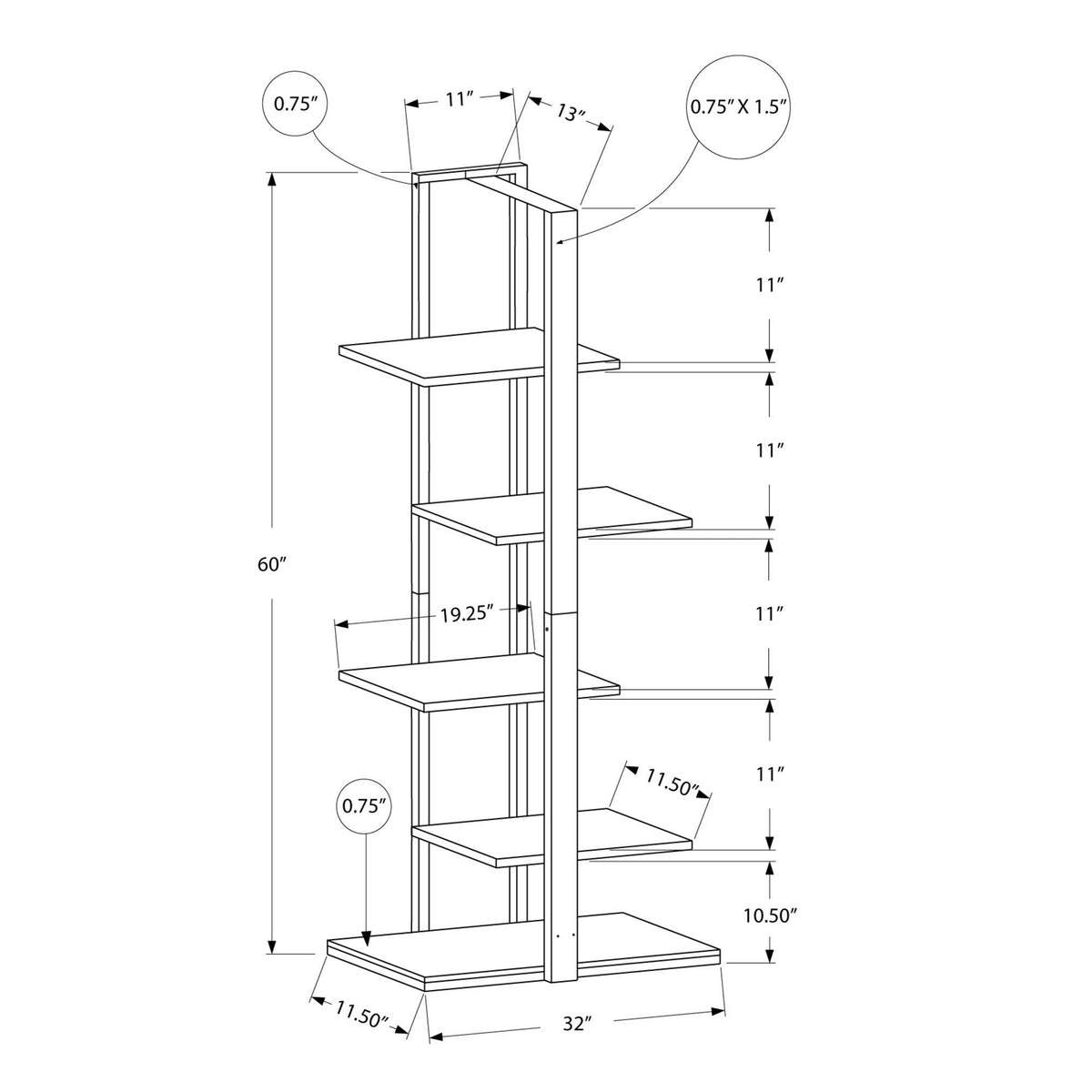 Monarch Specialties I 7232 Étagère À Livres, Étagère, Étagère, 5 Niveaux, 60"h, Bureau, Chambre À Coucher, Métal, Stratifié, Brun, Noir, Contemporain, Moderne - Simple Boutique
