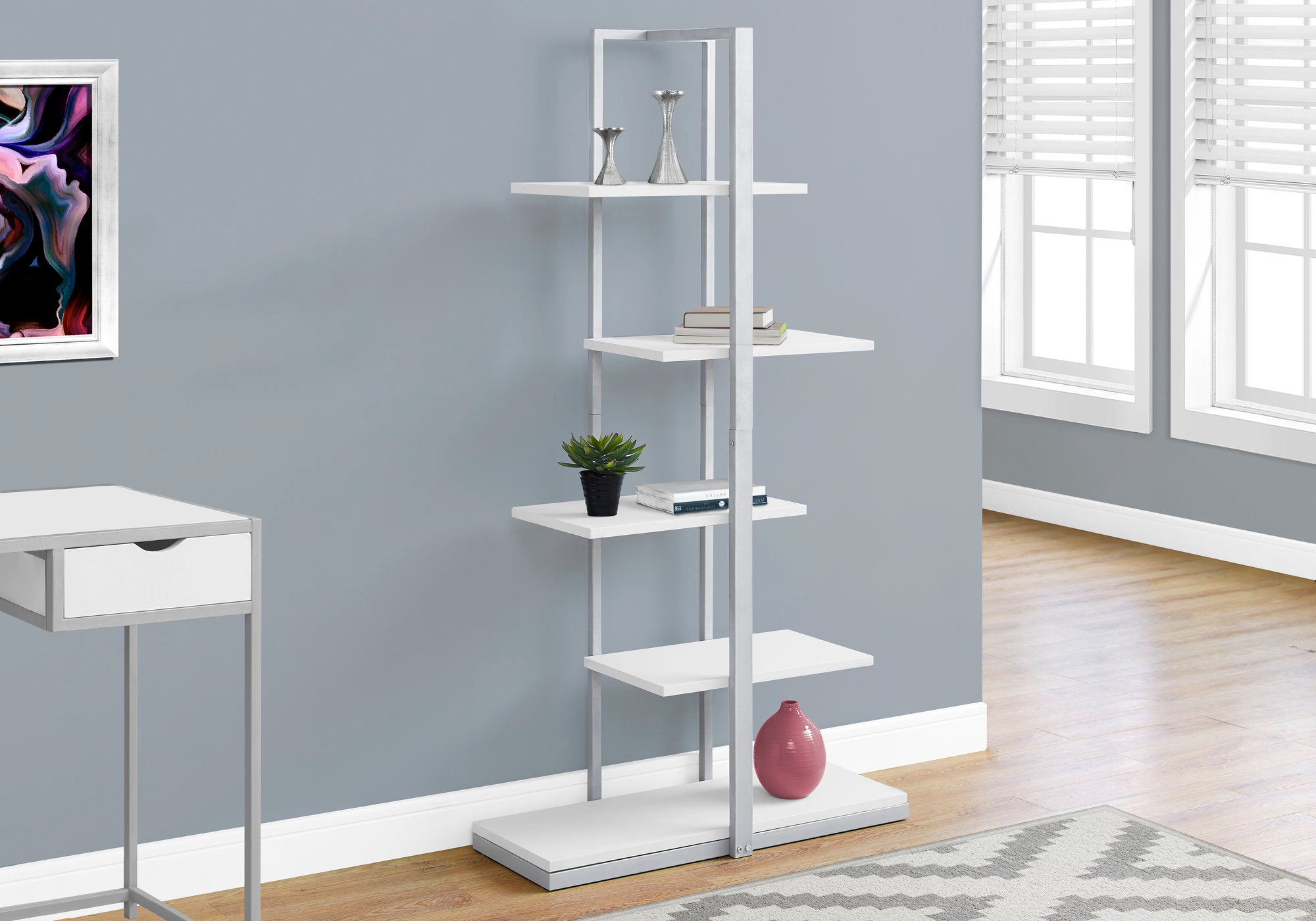 I 7233 Étagère À Livres, Étagère, Étagère, 5 Niveaux, 60"h, Bureau, Chambre À Coucher, Métal, Stratifié, Blanc, Gris, Contemporain, Moderne - Simple Boutique