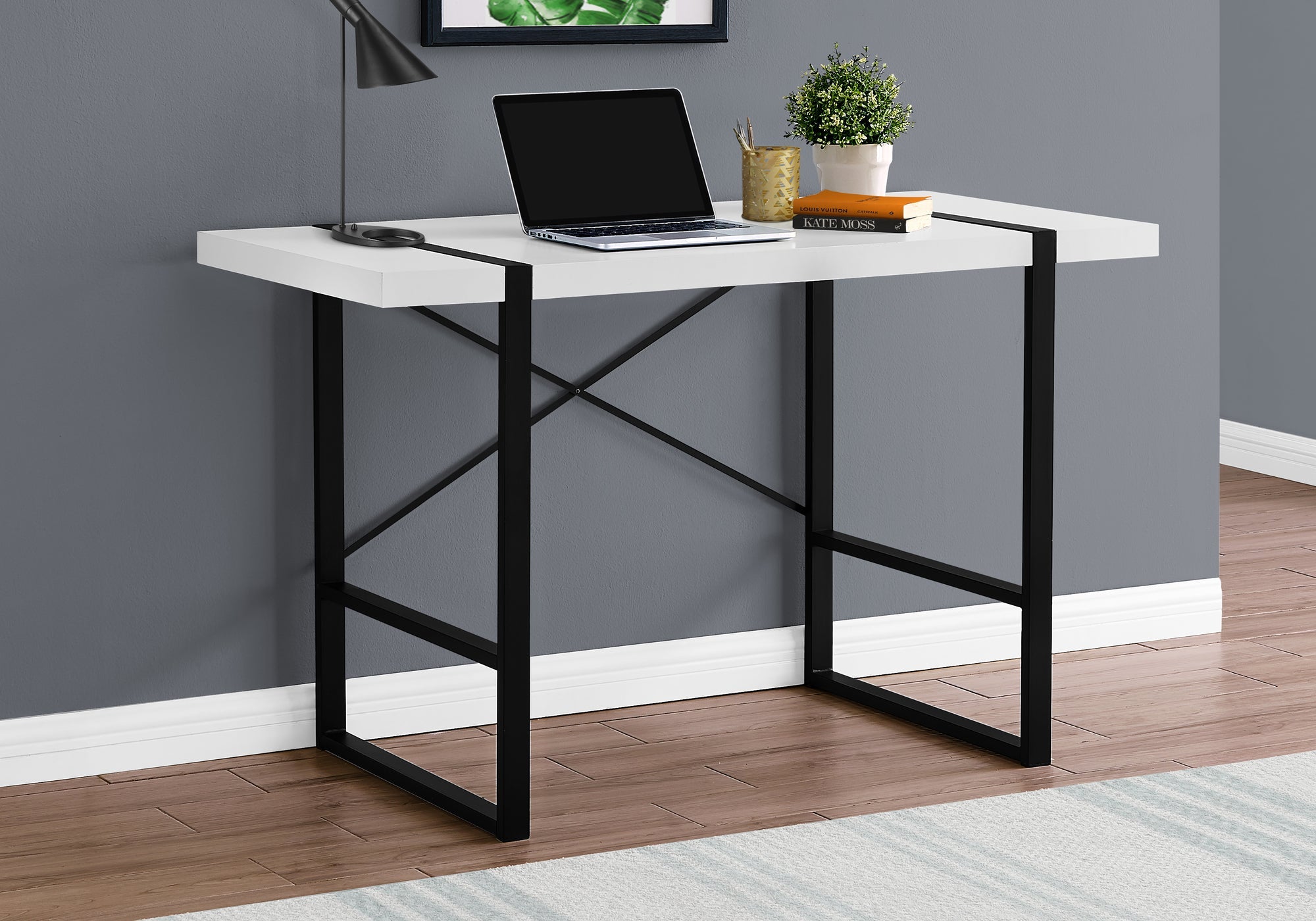 I 7313 Bureau, Bureau À Domicile, Ordinateur Portable, 48"l, Travail, Métal, Stratifié, Blanc, Noir, Contemporain, Moderne - Simple Boutique
