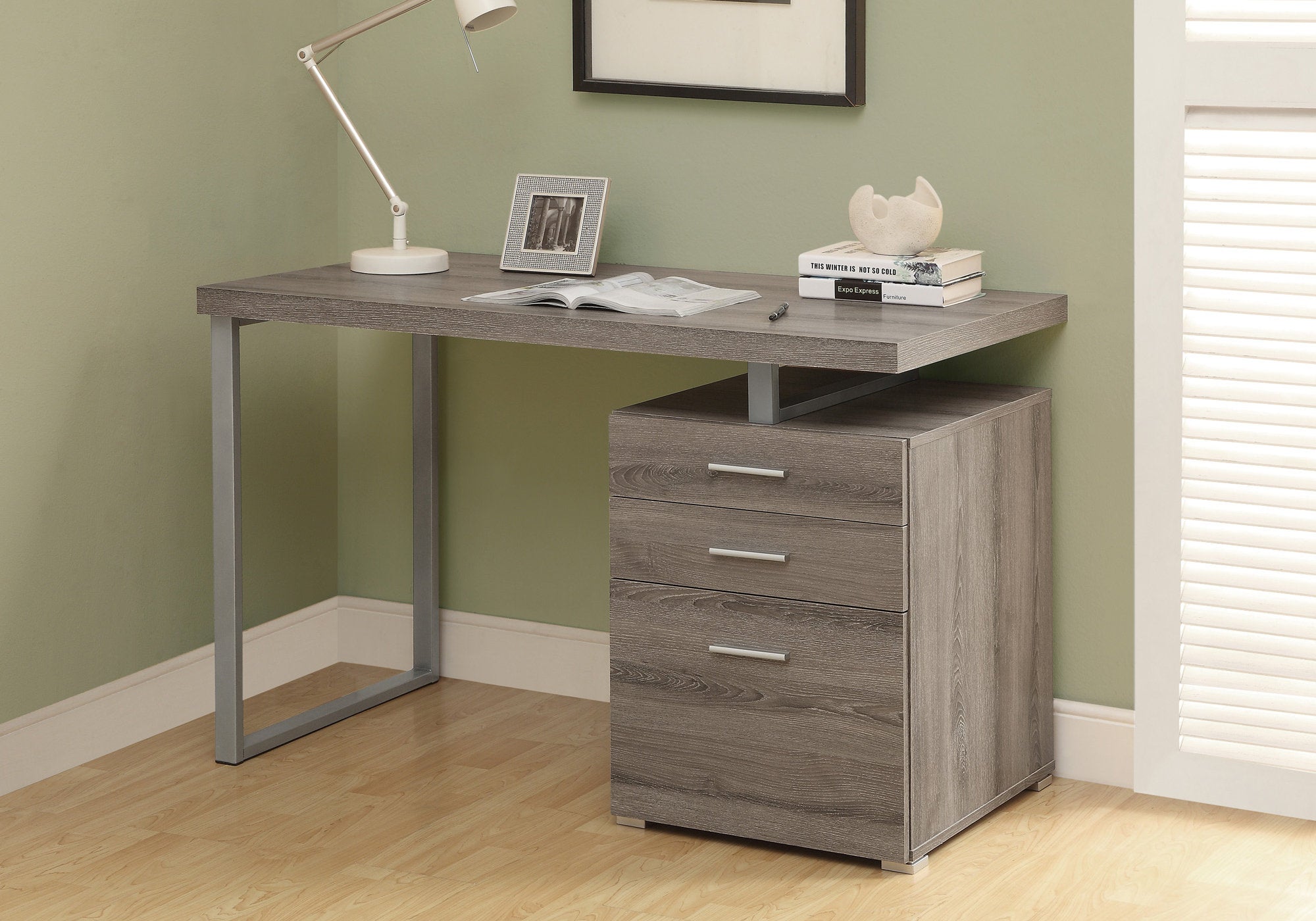 I 7326 Bureau, Bureau À Domicile, Ordinateur Portable, Configuration Gauche, Droite, Tiroirs De Rangement, 48"l, Travail, Métal, Stratifié, Brun, Gris, Contemporain, Moderne - Simple Boutique