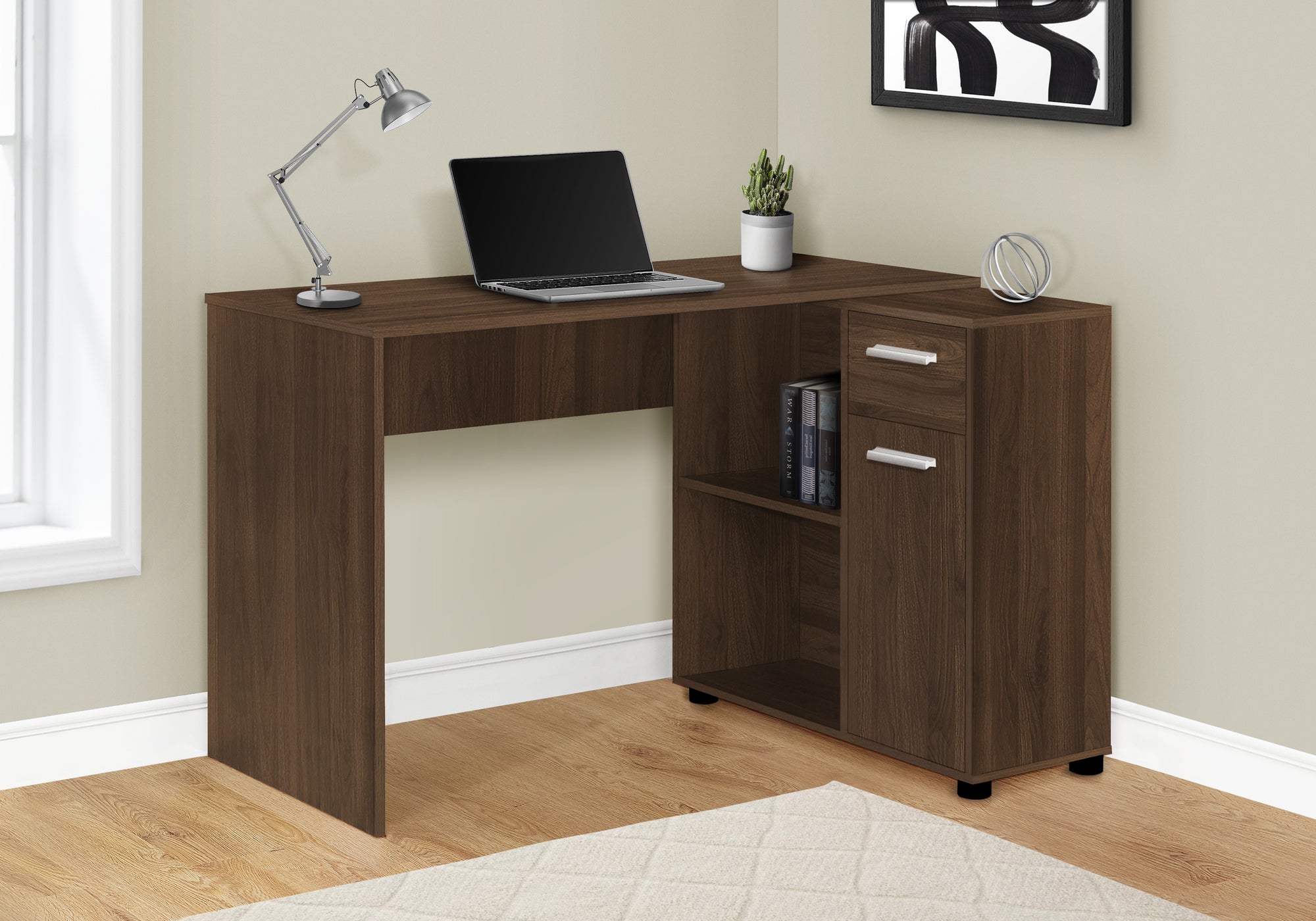 I 7348 Bureau, Bureau À Domicile, Coin, Tiroirs De Rangement, 46"l, Forme De L, Travail, Ordinateur Portable, Stratifié, Noyer, Contemporain, Moderne - Simple Boutique