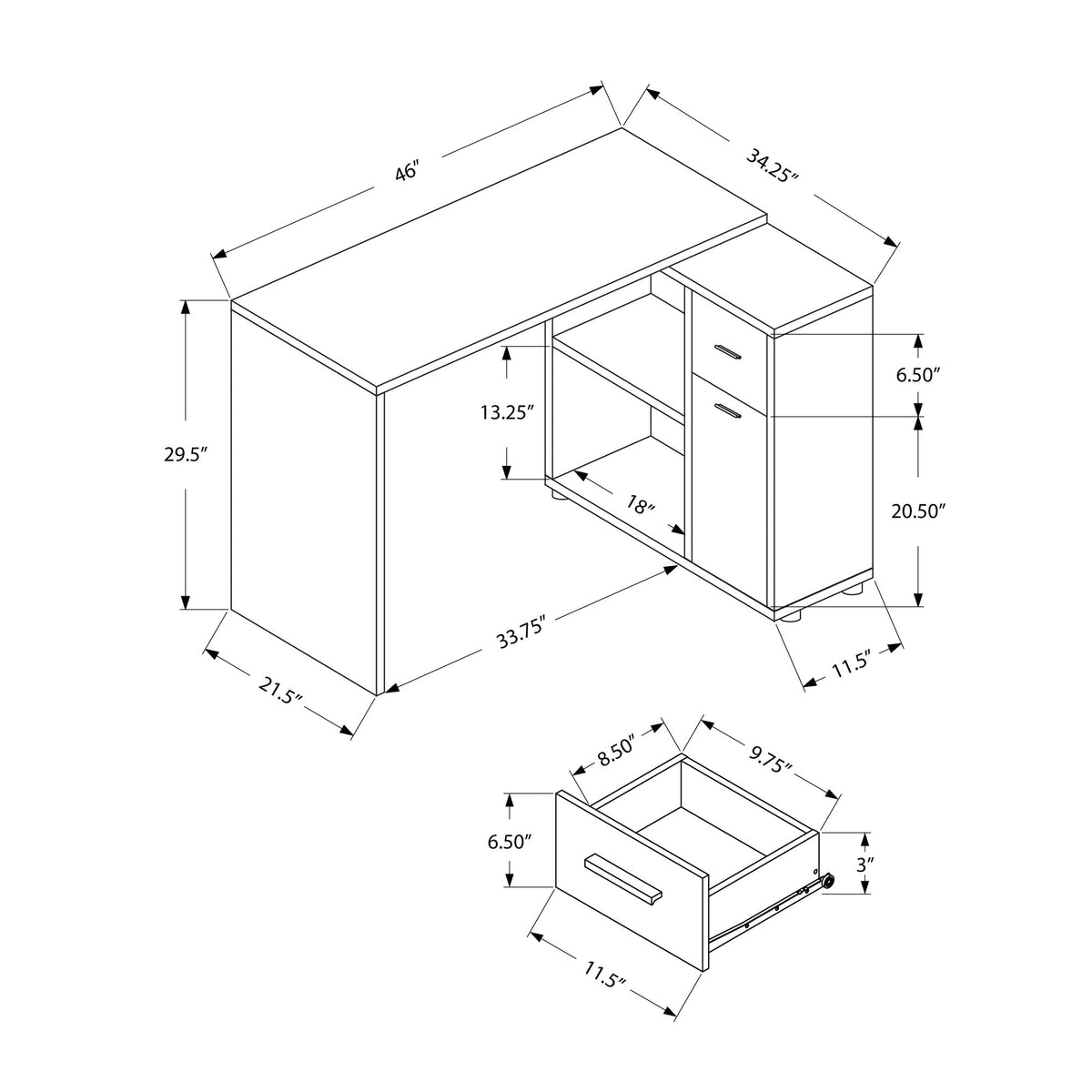I 7349 Bureau, Bureau À Domicile, Coin, Tiroirs De Rangement, 46"l, Forme De L, Travail, Ordinateur Portable, Stratifié, Brun, Contemporain, Moderne - Simple Boutique
