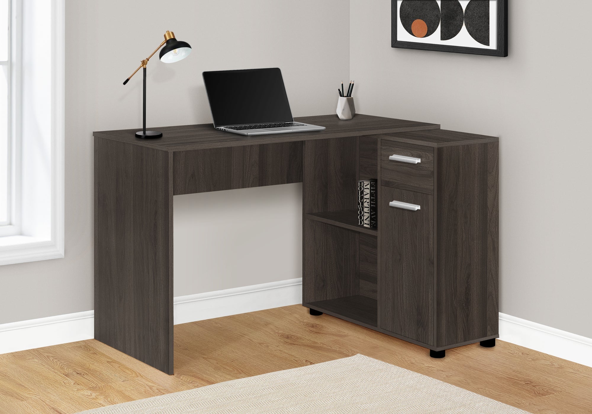 I 7349 Bureau, Bureau À Domicile, Coin, Tiroirs De Rangement, 46"l, Forme De L, Travail, Ordinateur Portable, Stratifié, Brun, Contemporain, Moderne - Simple Boutique