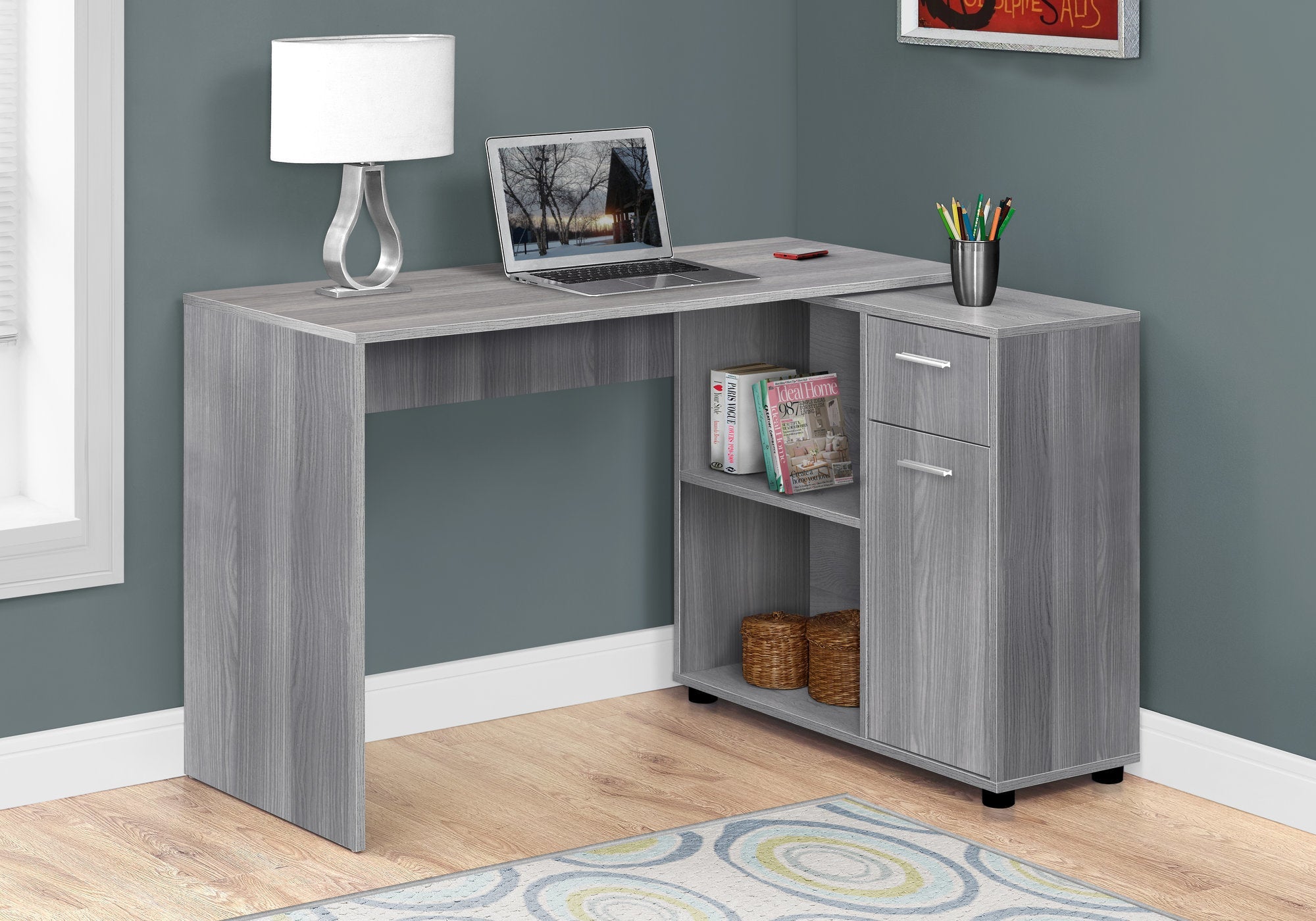 I 7351 Bureau, Bureau À Domicile, Coin, Tiroirs De Rangement, 46"l, Forme De L, Travail, Ordinateur Portable, Stratifié, Gris, Contemporain, Moderne - Simple Boutique