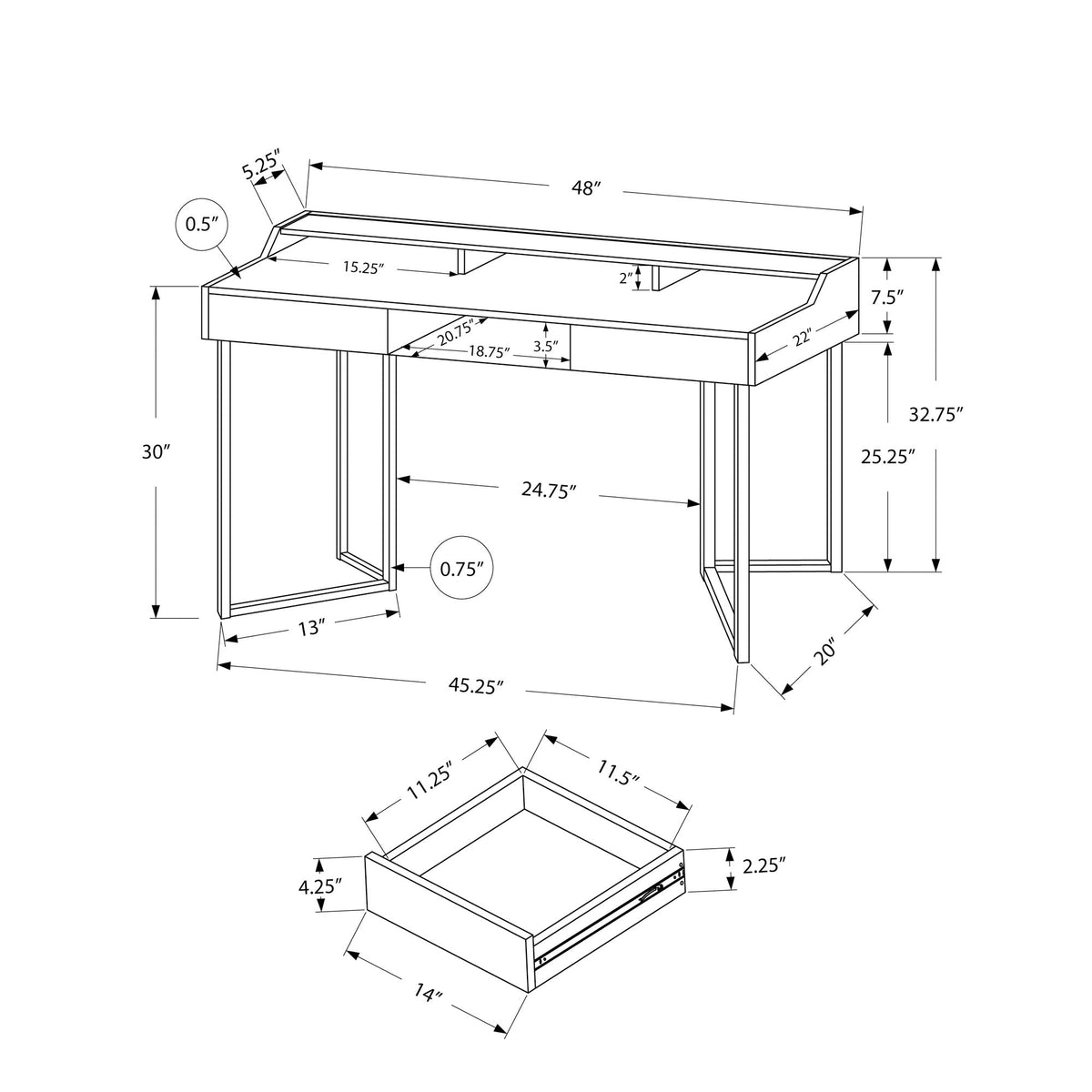 Monarch Specialties I 7360 Bureau, Bureau À Domicile, Ordinateur Portable, Tiroirs De Rangement, 48"l, Travail, Métal, Stratifié, Brun, Noir, Contemporain, Moderne - Simple Boutique