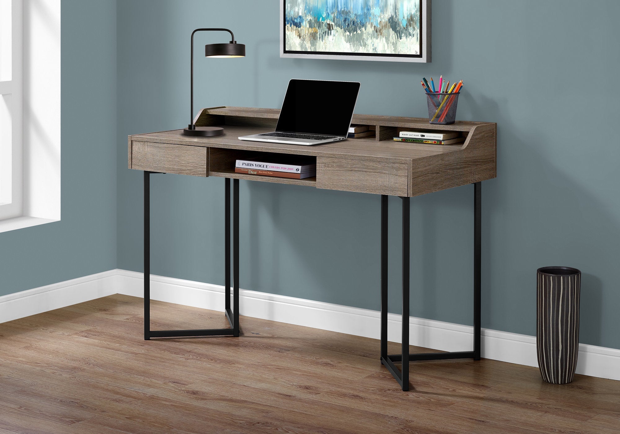 I 7360 Bureau, Bureau À Domicile, Ordinateur Portable, Tiroirs De Rangement, 48"l, Travail, Métal, Stratifié, Brun, Noir, Contemporain, Moderne - Simple Boutique