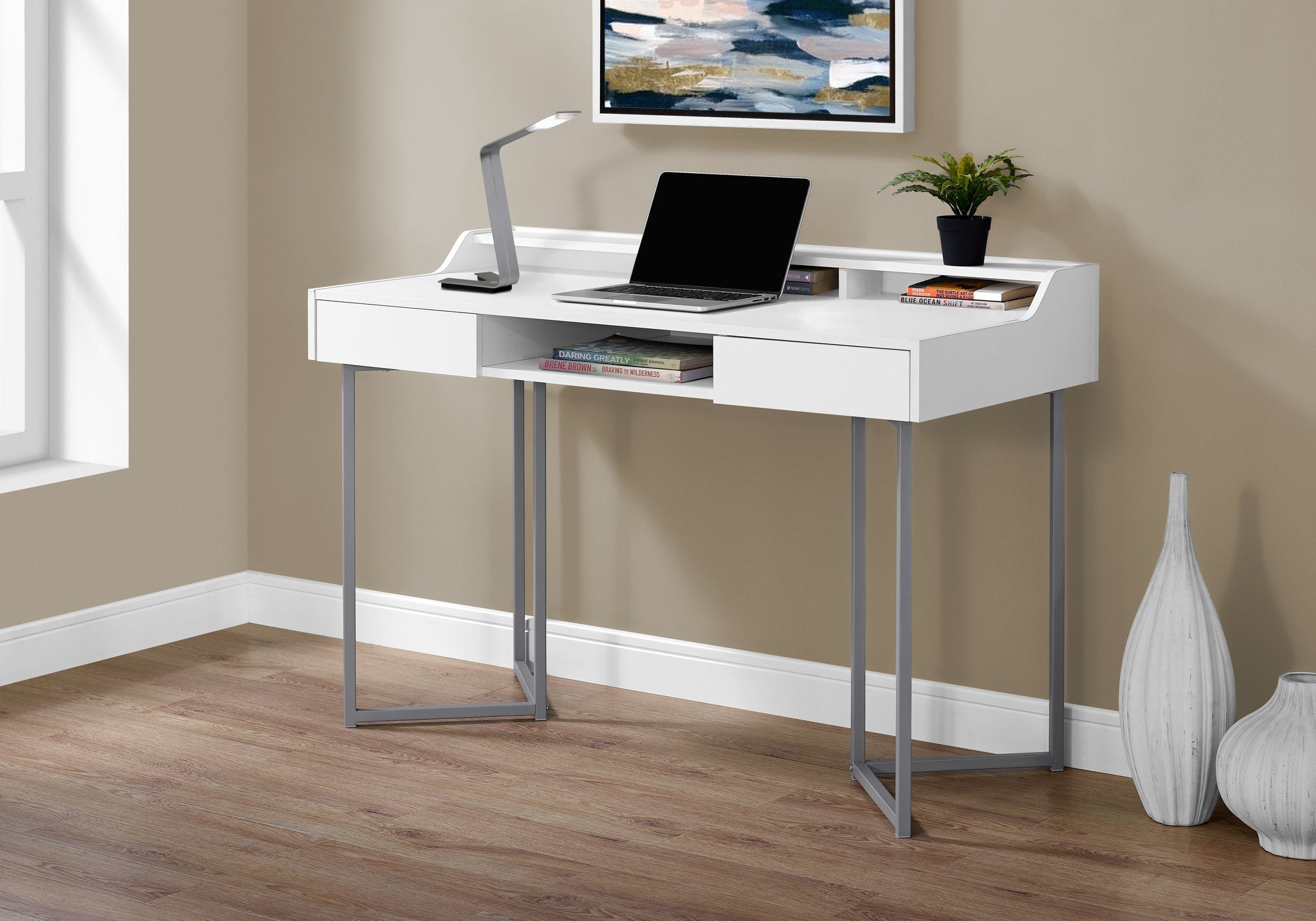 I 7361 Bureau, Bureau À Domicile, Ordinateur Portable, Tiroirs De Rangement, 48"l, Travail, Métal, Stratifié, Blanc, Gris, Contemporain, Moderne - Simple Boutique