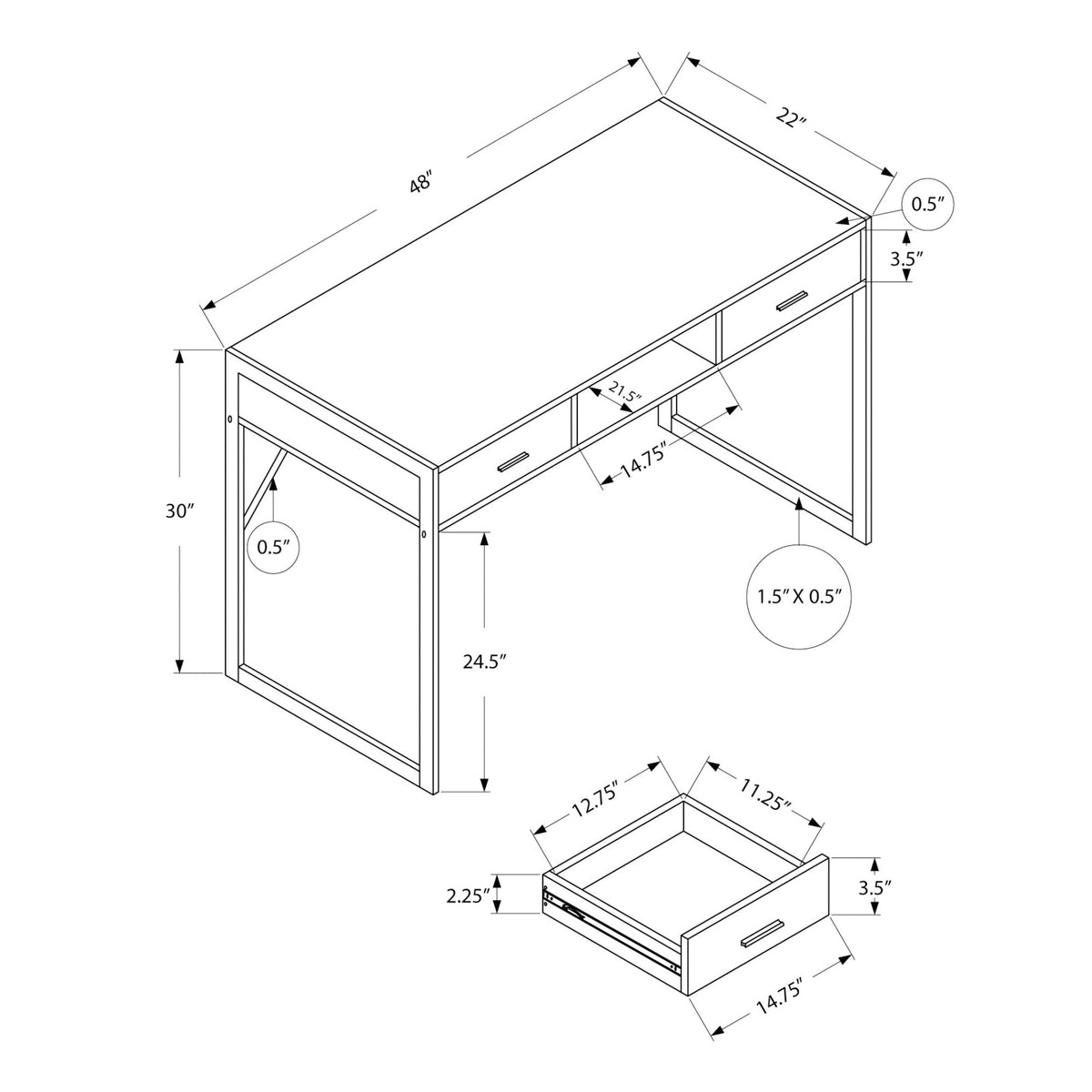 Monarch Specialties I 7364 Bureau, Bureau À Domicile, Ordinateur Portable, Tiroirs De Rangement, 48"l, Travail, Métal, Stratifié, Blanc, Gris, Contemporain, Moderne - Simple Boutique