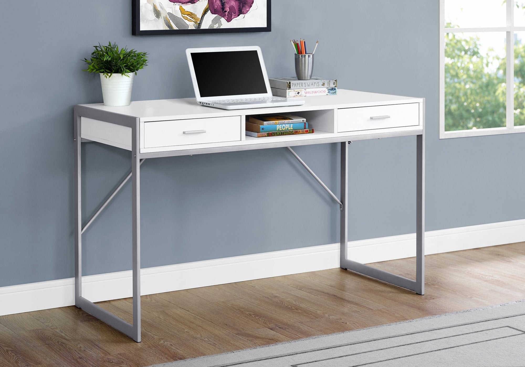 I 7364 Bureau, Bureau À Domicile, Ordinateur Portable, Tiroirs De Rangement, 48"l, Travail, Métal, Stratifié, Blanc, Gris, Contemporain, Moderne - Simple Boutique