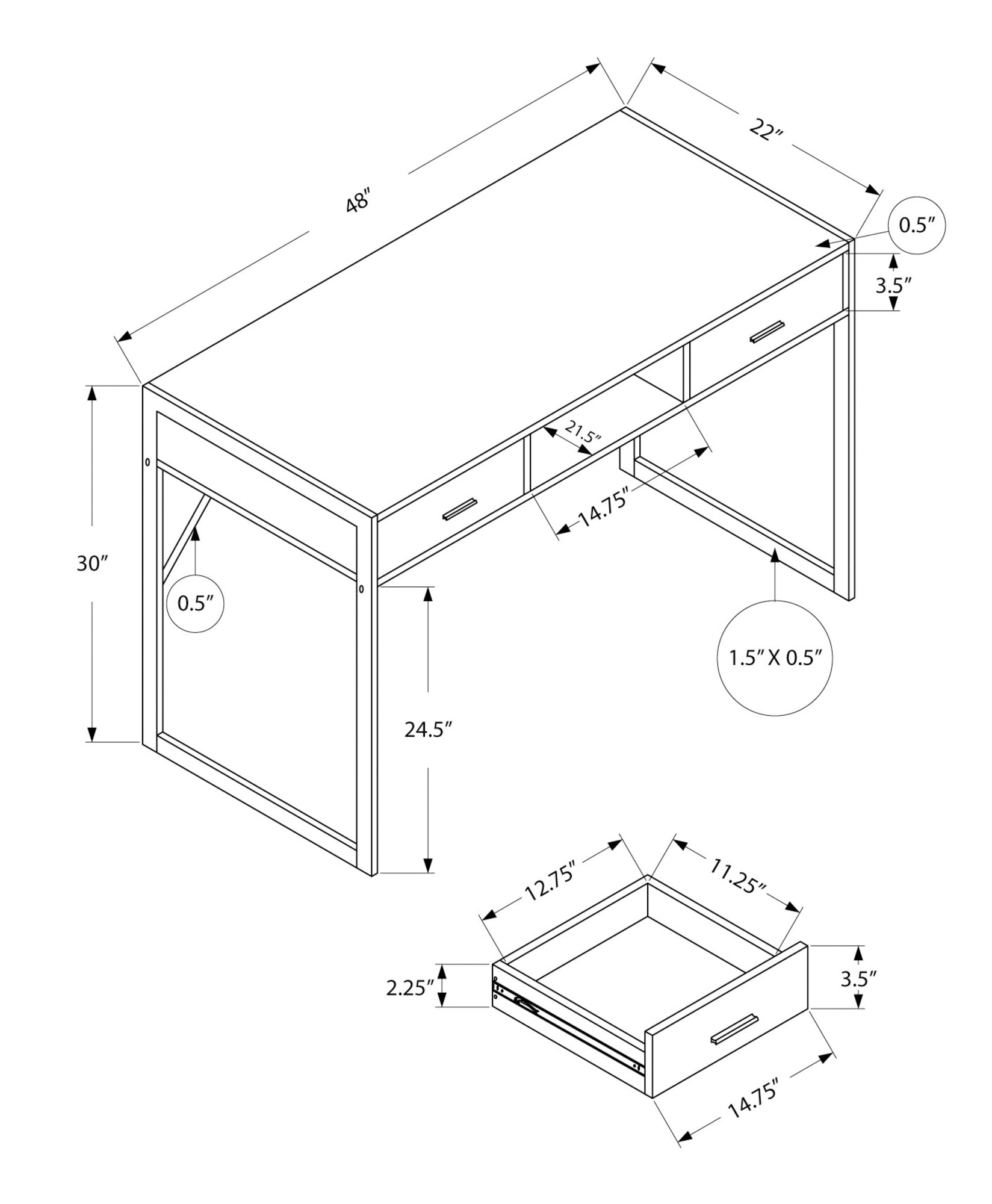 I 7366 Bureau, Bureau À Domicile, Ordinateur Portable, Tiroirs De Rangement, 48"l, Travail, Métal, Stratifié, Brun, Gris, Contemporain, Moderne - Simple Boutique