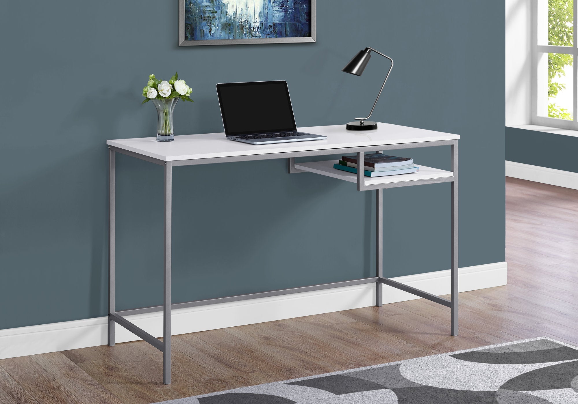 I 7368 Bureau, Bureau À Domicile, Ordinateur Portable, 48"l, Travail, Métal, Stratifié, Blanc, Gris, Contemporain, Moderne - Simple Boutique