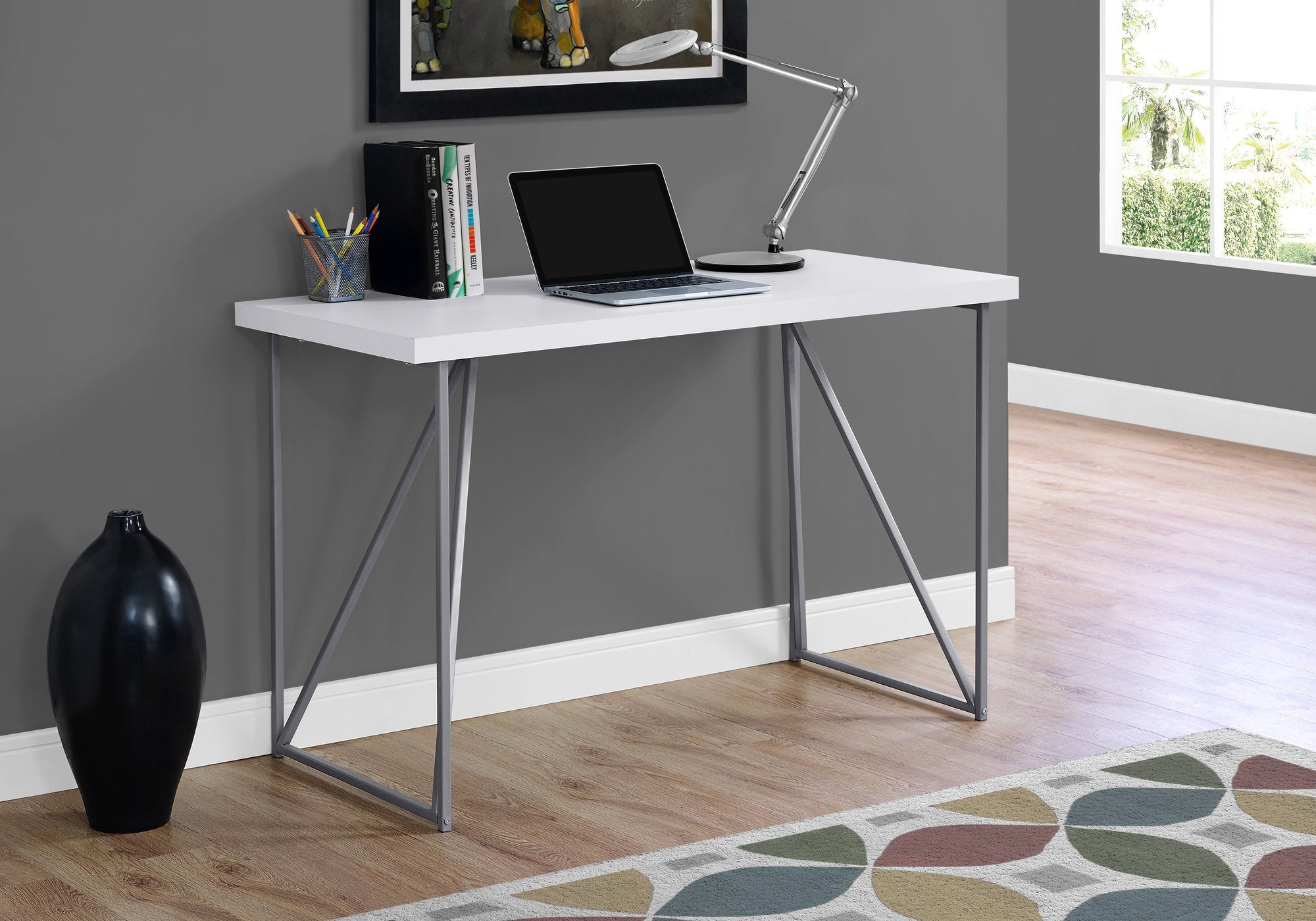 I 7376 Bureau, Bureau À Domicile, Ordinateur Portable, 48"l, Travail, Métal, Stratifié, Blanc, Gris, Contemporain, Moderne - Simple Boutique