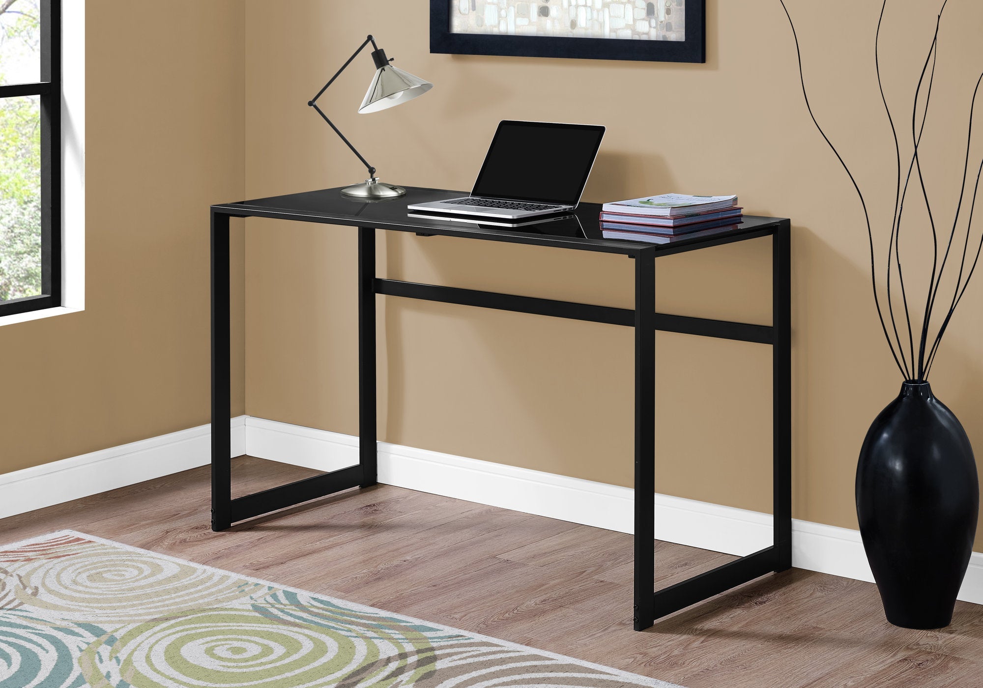 I 7379 Bureau, Bureau À Domicile, Ordinateur Portable, 48"l, Travail, Métal, Verre Trempé, Noir, Contemporain, Moderne - Simple Boutique