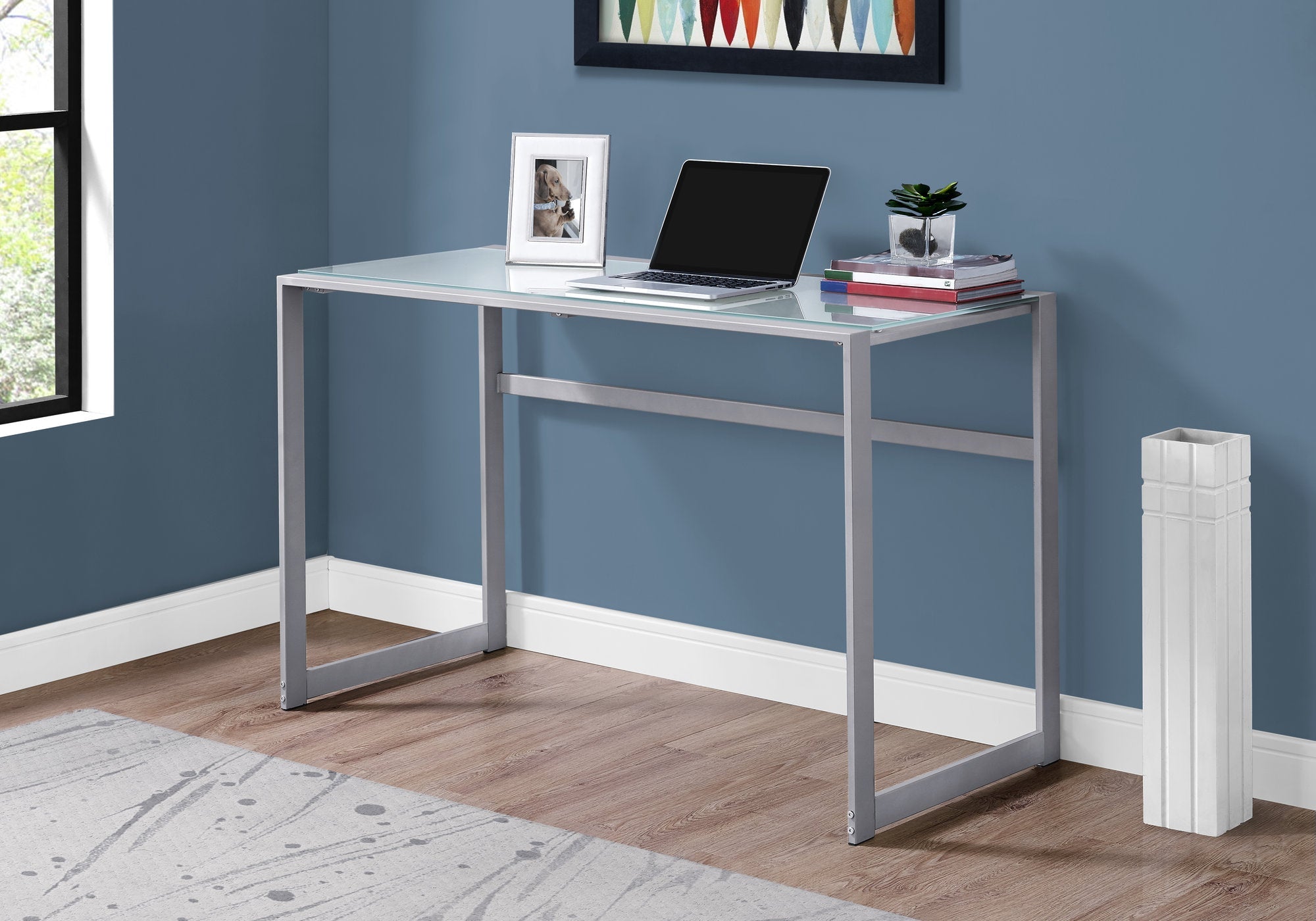 I 7380 Bureau, Bureau À Domicile, Ordinateur Portable, 48"l, Travail, Métal, Verre Trempé, Gris, Contemporain, Moderne - Simple Boutique