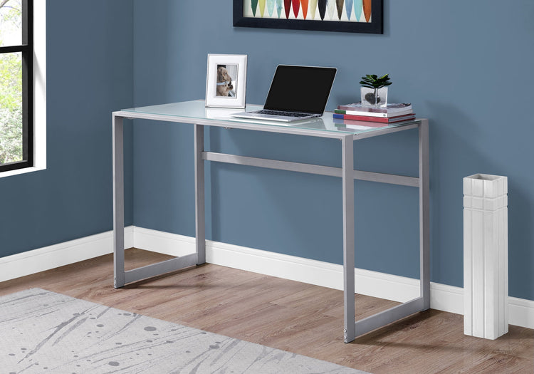 I 7380 Bureau, Bureau À Domicile, Ordinateur Portable, 48"l, Travail, Métal, Verre Trempé, Gris, Contemporain, Moderne - Simple Boutique