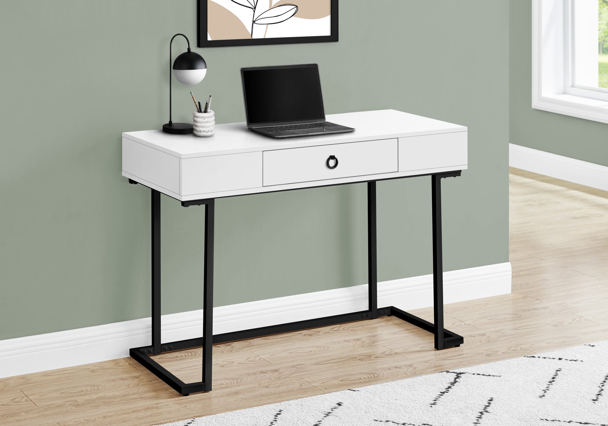 I 7385 Bureau, Bureau À Domicile, Ordinateur Portable, Tiroirs De Rangement, 42"l, Travail, Métal, Stratifié, Blanc Lustré, Noir, Contemporain, Moderne - Simple Boutique
