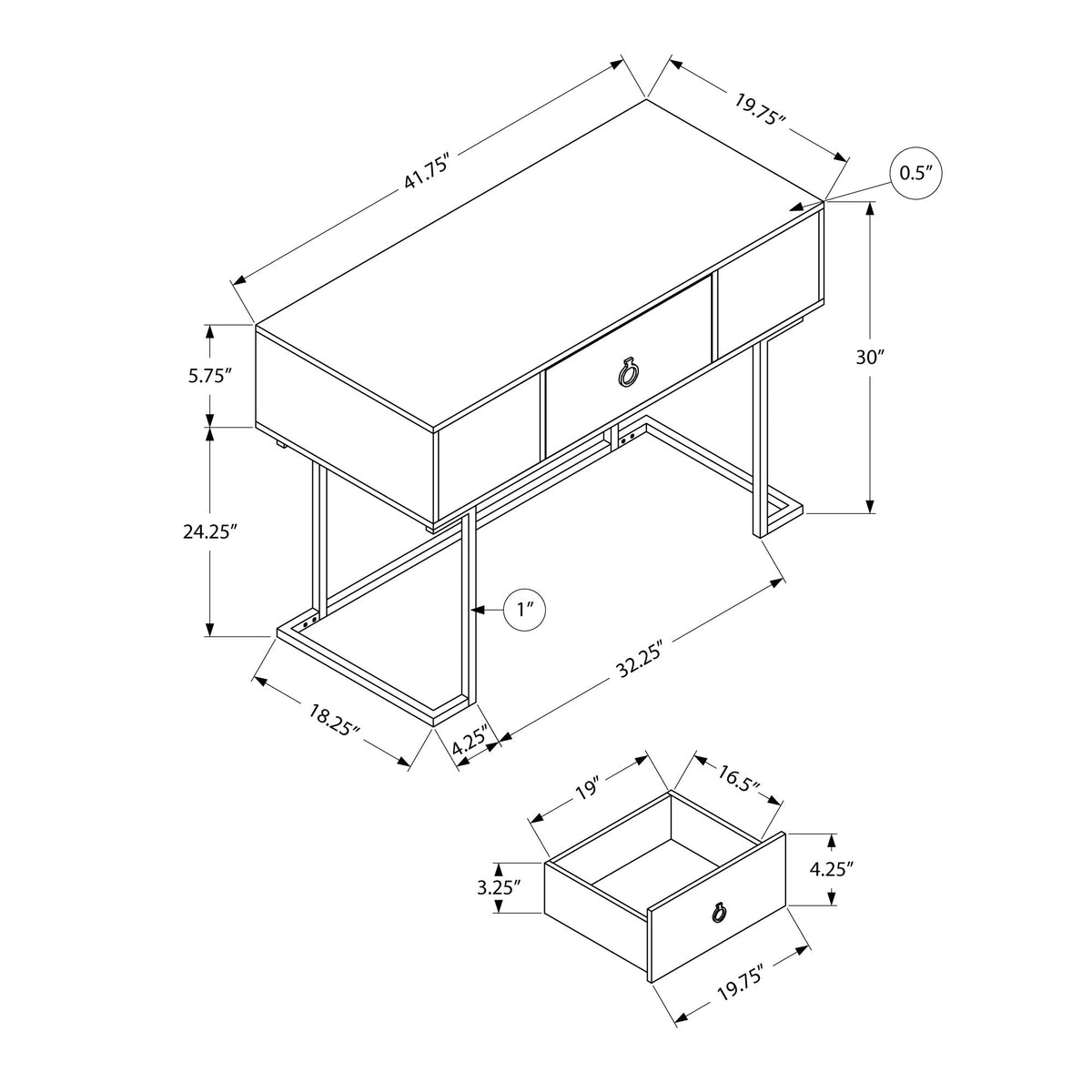 I 7386 Bureau, Bureau À Domicile, Ordinateur Portable, Tiroirs De Rangement, 42"l, Travail, Métal, Stratifié, Gris, Noir, Contemporain, Moderne - Simple Boutique