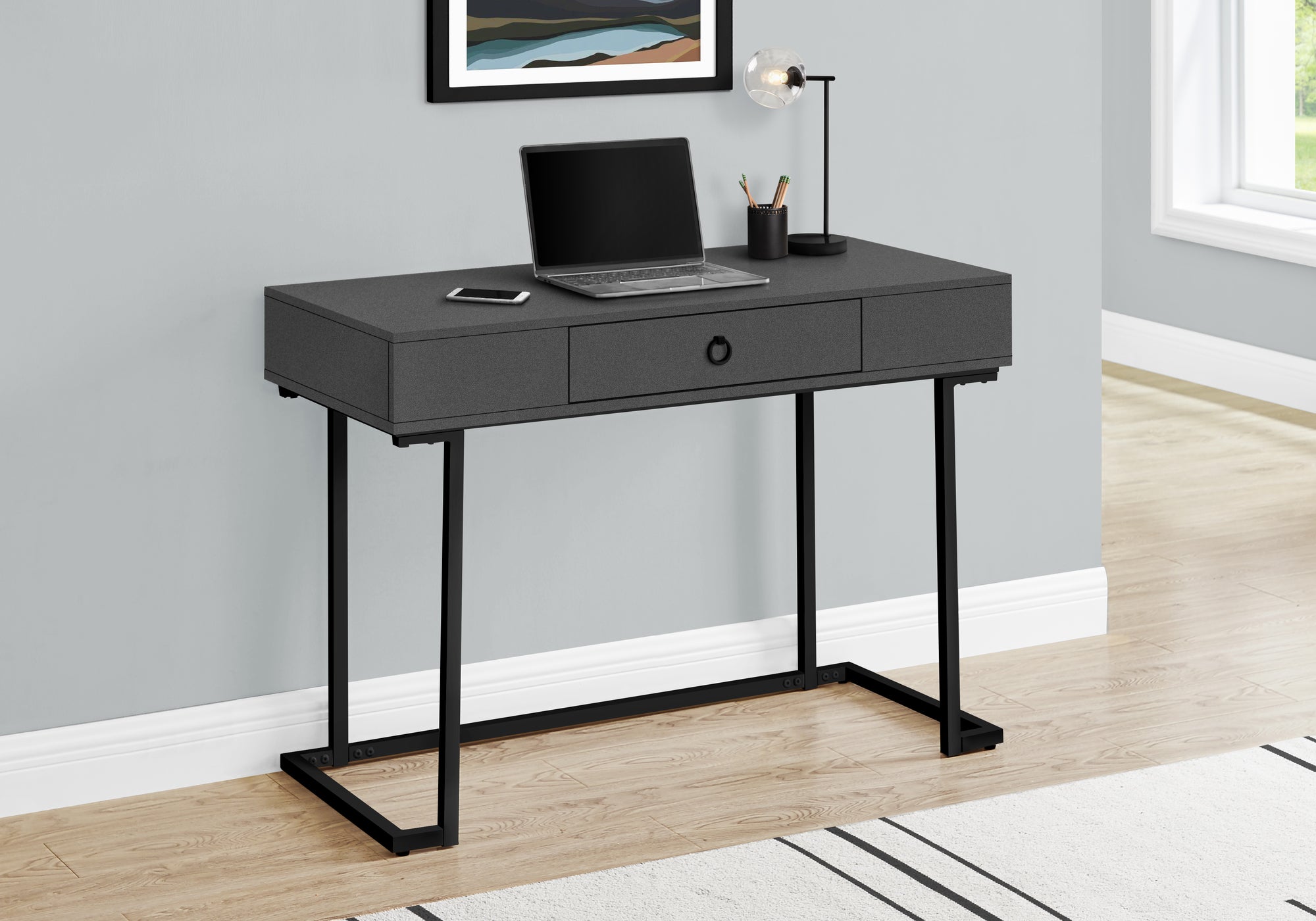 I 7386 Bureau, Bureau À Domicile, Ordinateur Portable, Tiroirs De Rangement, 42"l, Travail, Métal, Stratifié, Gris, Noir, Contemporain, Moderne - Simple Boutique