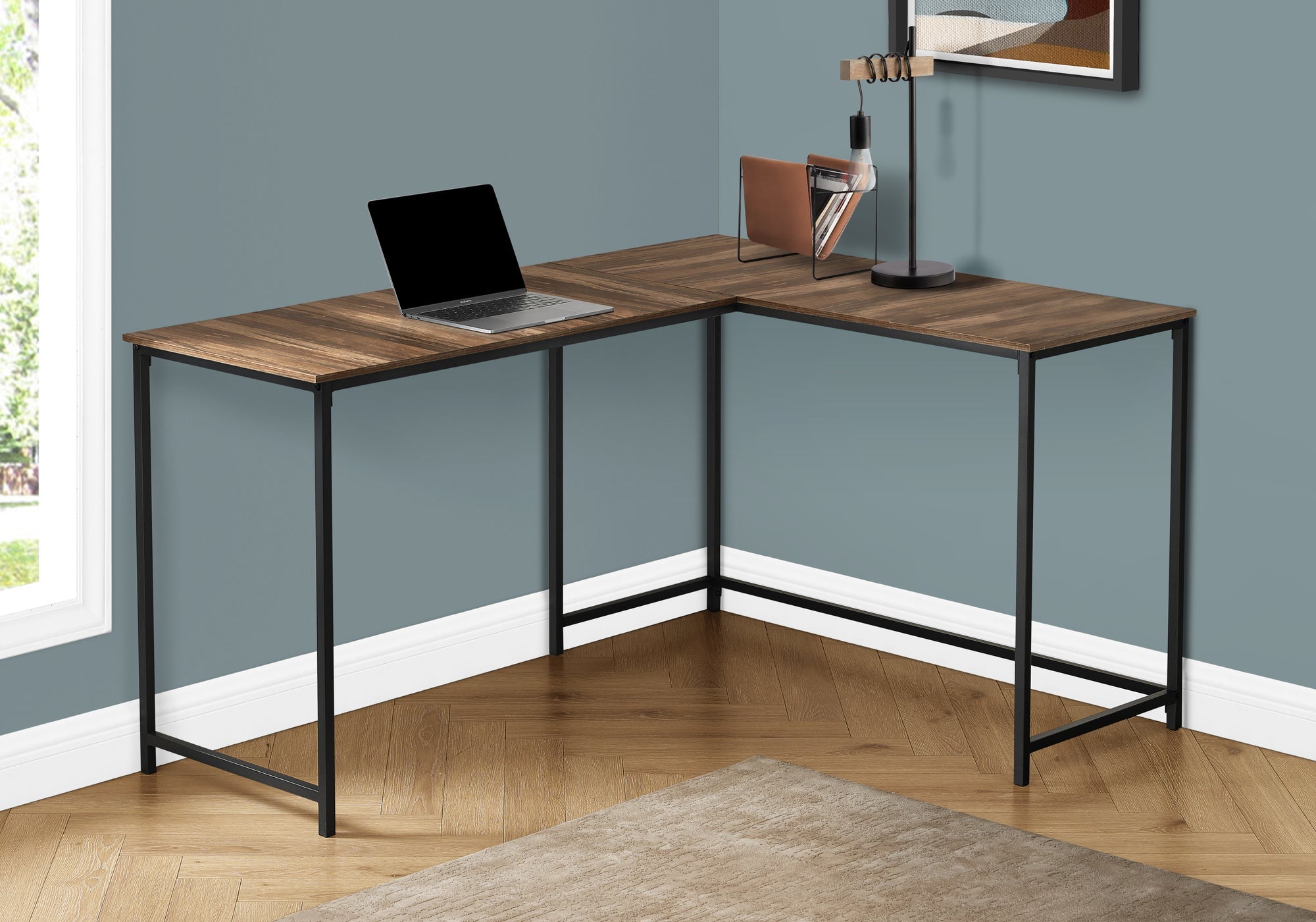 I 7391 Bureau, Bureau À Domicile, Coin, 58"l, Forme De L, Travail, Ordinateur Portable, Métal, Stratifié, Brun, Noir, Contemporain, Moderne - Simple Boutique