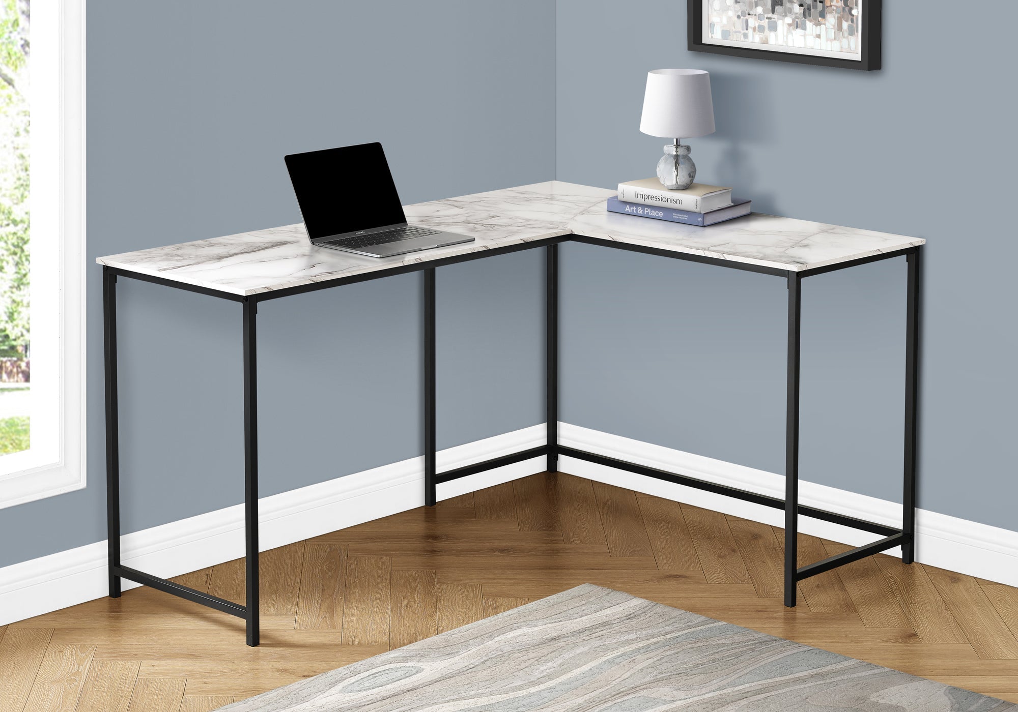 I 7393 Bureau, Bureau À Domicile, Coin, 58"l, Forme De L, Travail, Ordinateur Portable, Métal, Stratifié, Aspect Marbre Blanc, Noir, Contemporain, Moderne - Simple Boutique