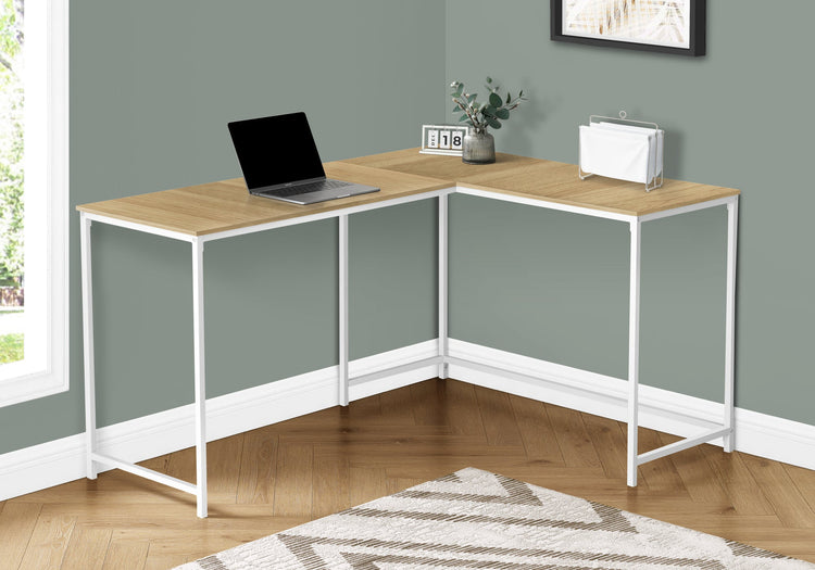 I 7397 Bureau, Bureau À Domicile, Coin, 58"l, Forme De L, Travail, Ordinateur Portable, Métal, Stratifié, Naturel, Blanc, Contemporain, Moderne - Simple Boutique