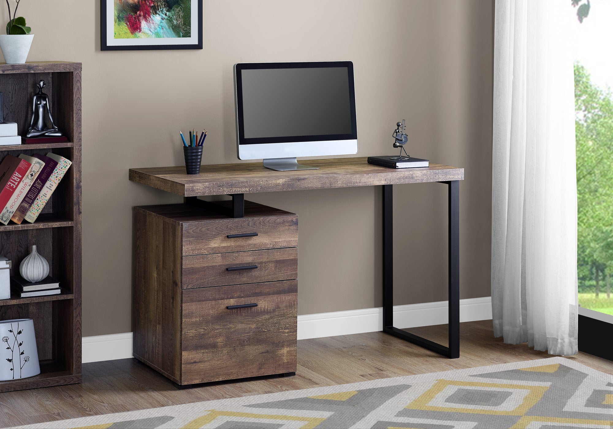 I 7408 Bureau, Bureau À Domicile, Ordinateur Portable, Configuration Gauche, Droite, Tiroirs De Rangement, 48"l, Travail, Métal, Stratifié, Brun, Noir, Contemporain, Moderne - Simple Boutique