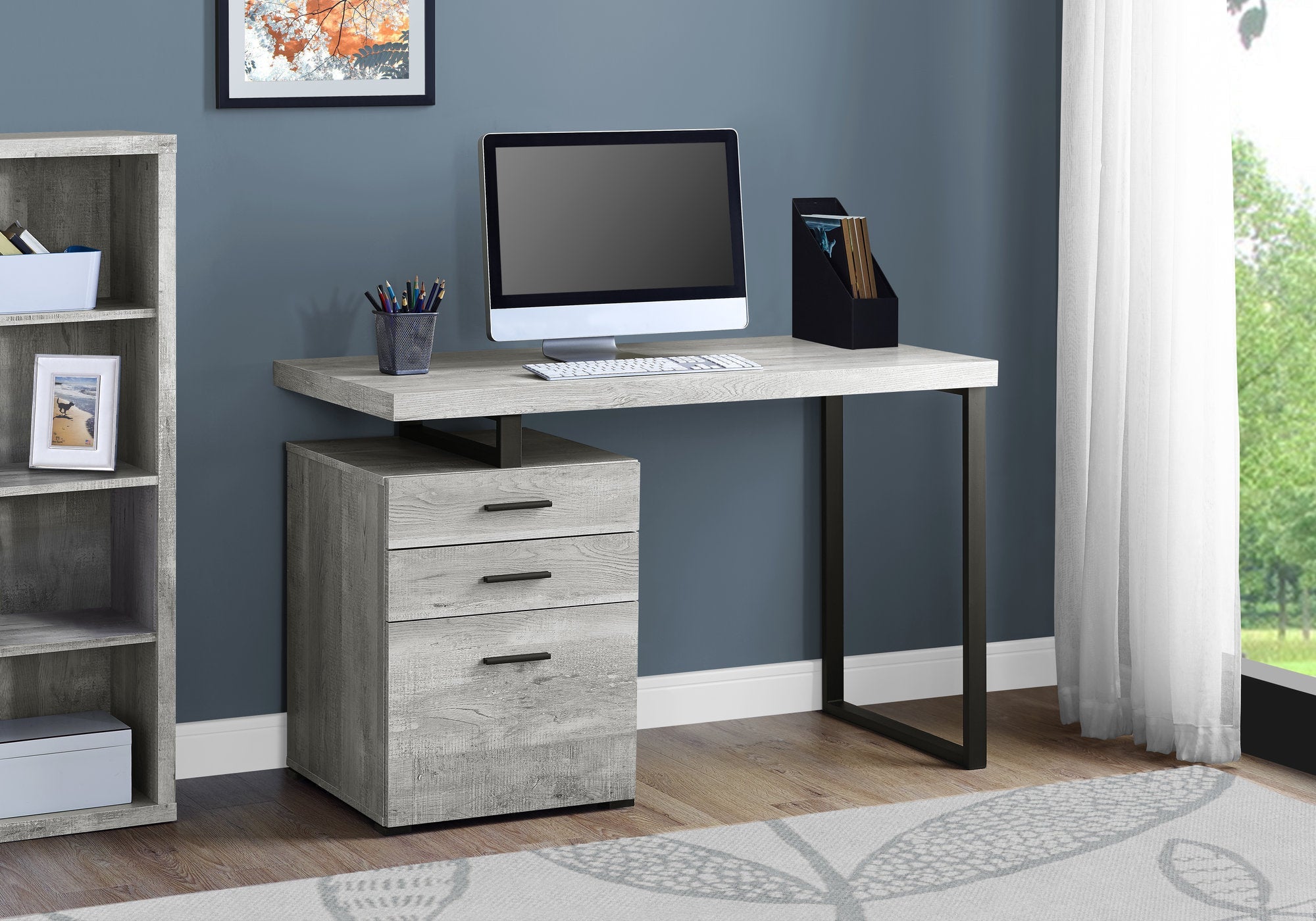 I 7409 Bureau, Bureau À Domicile, Ordinateur Portable, Configuration Gauche, Droite, Tiroirs De Rangement, 48"l, Travail, Métal, Stratifié, Gris, Noir, Contemporain, Moderne - Simple Boutique