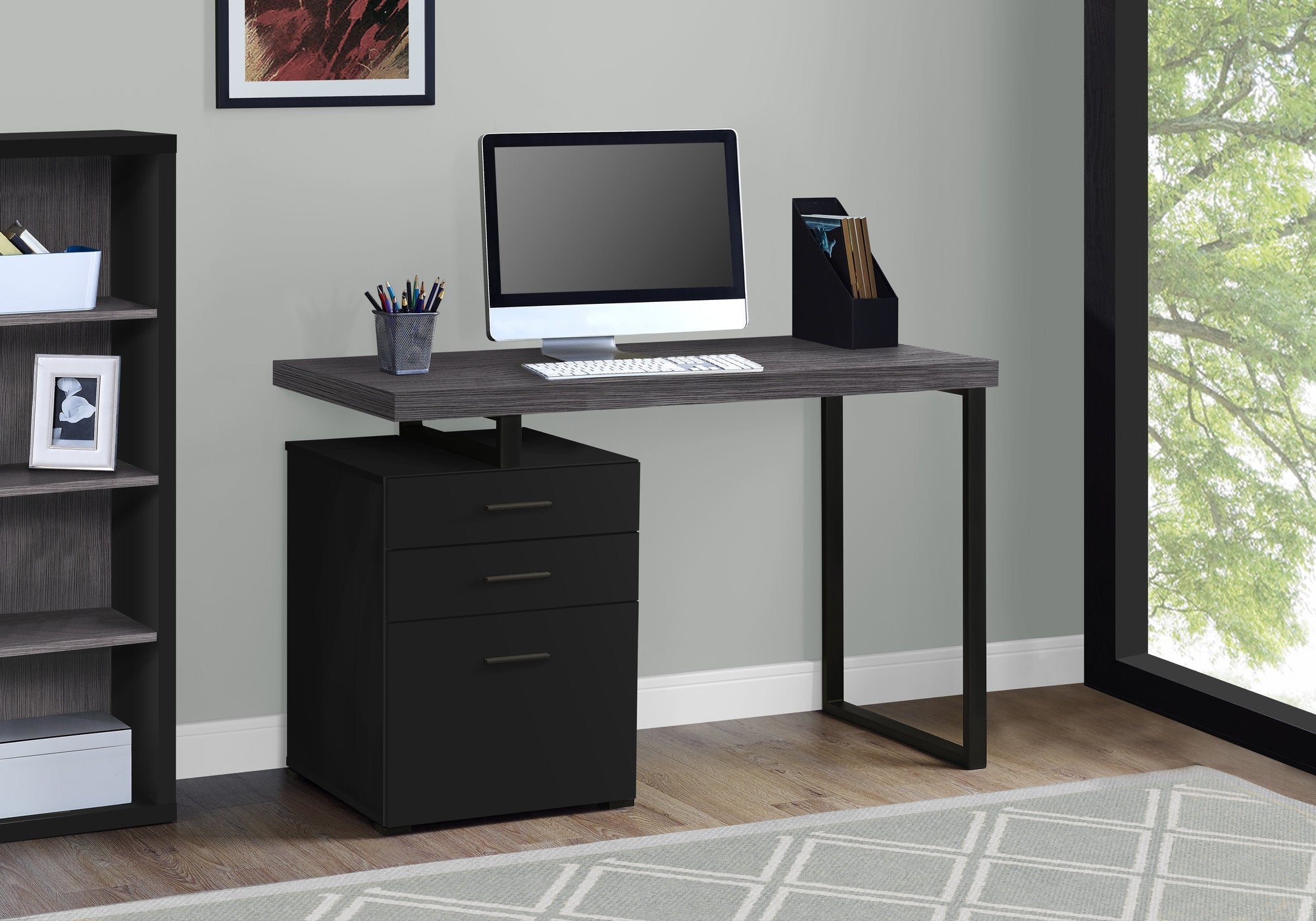 I 7411 Bureau, Bureau À Domicile, Ordinateur Portable, Configuration Gauche, Droite, Tiroirs De Rangement, 48"l, Travail, Métal, Stratifié, Noir, Gris, Contemporain, Moderne - Simple Boutique