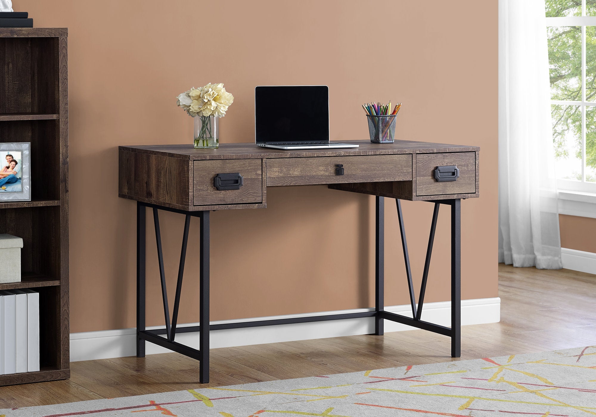 I 7412 Bureau, Bureau À Domicile, Ordinateur Portable, Tiroirs De Rangement, 48"l, Travail, Métal, Stratifié, Brun, Noir, Transitionnel - Simple Boutique