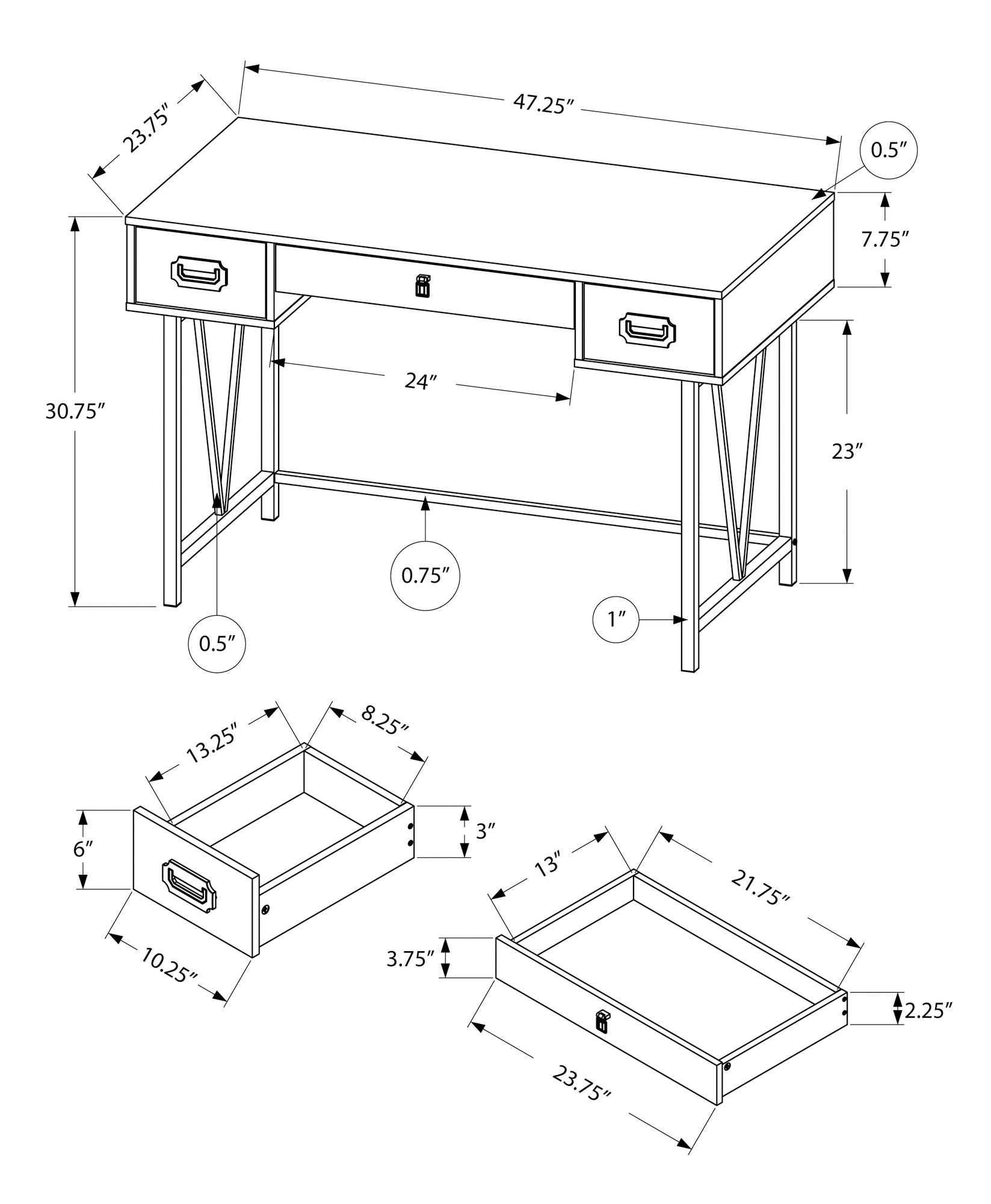 I 7413 Bureau, Bureau À Domicile, Ordinateur Portable, Tiroirs De Rangement, 48"l, Travail, Métal, Stratifié, Gris, Noir, Transitionnel - Simple Boutique