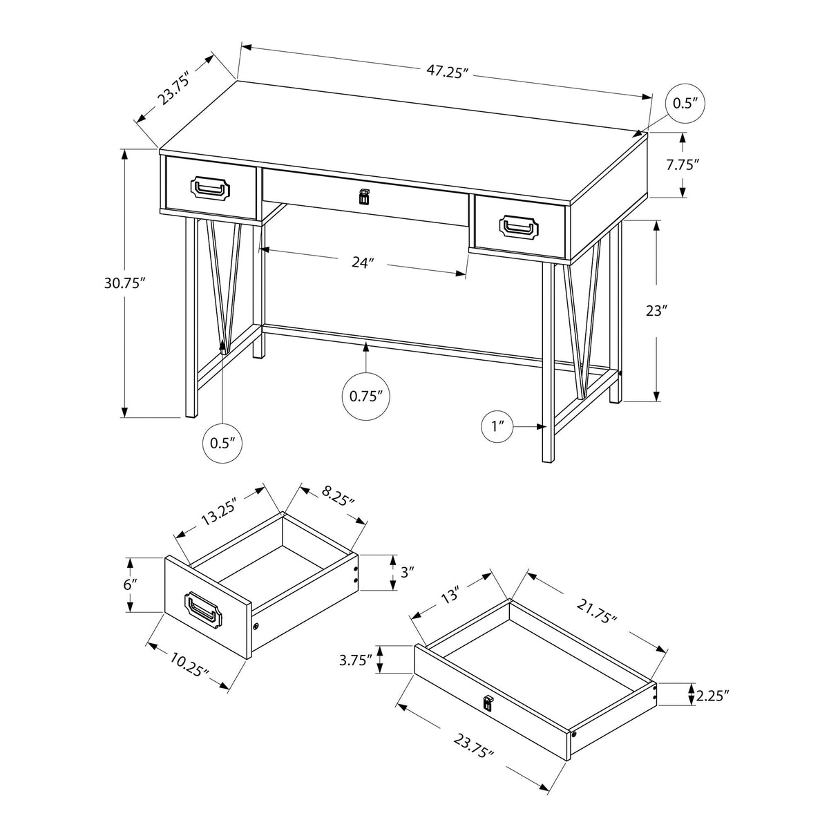 Monarch Specialties I 7413 Bureau, Bureau À Domicile, Ordinateur Portable, Tiroirs De Rangement, 48"l, Travail, Métal, Stratifié, Gris, Noir, Transitionnel - Simple Boutique