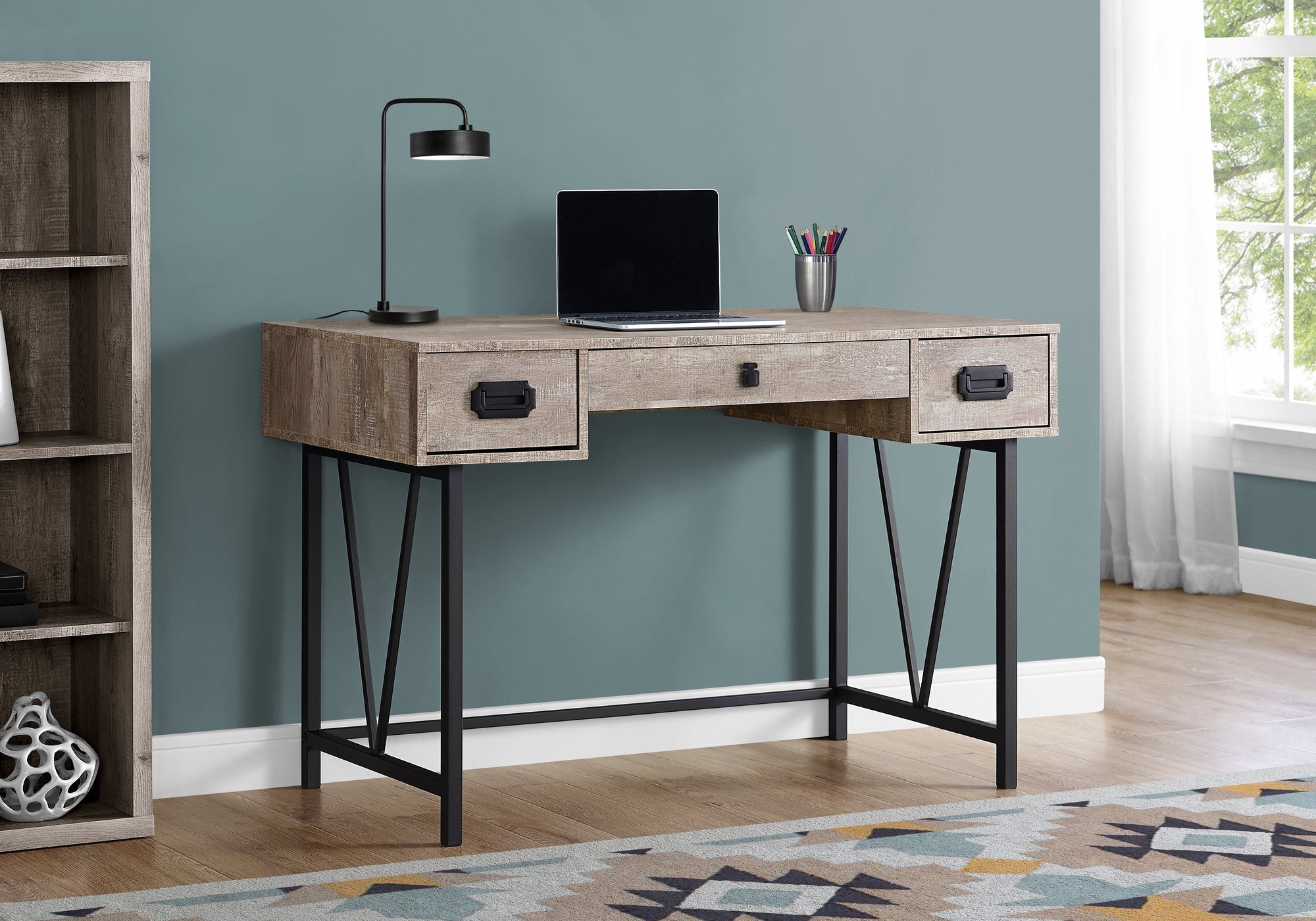 I 7414 Bureau, Bureau À Domicile, Ordinateur Portable, Tiroirs De Rangement, 48"l, Travail, Métal, Stratifié, Beige, Noir, Transitionnel - Simple Boutique