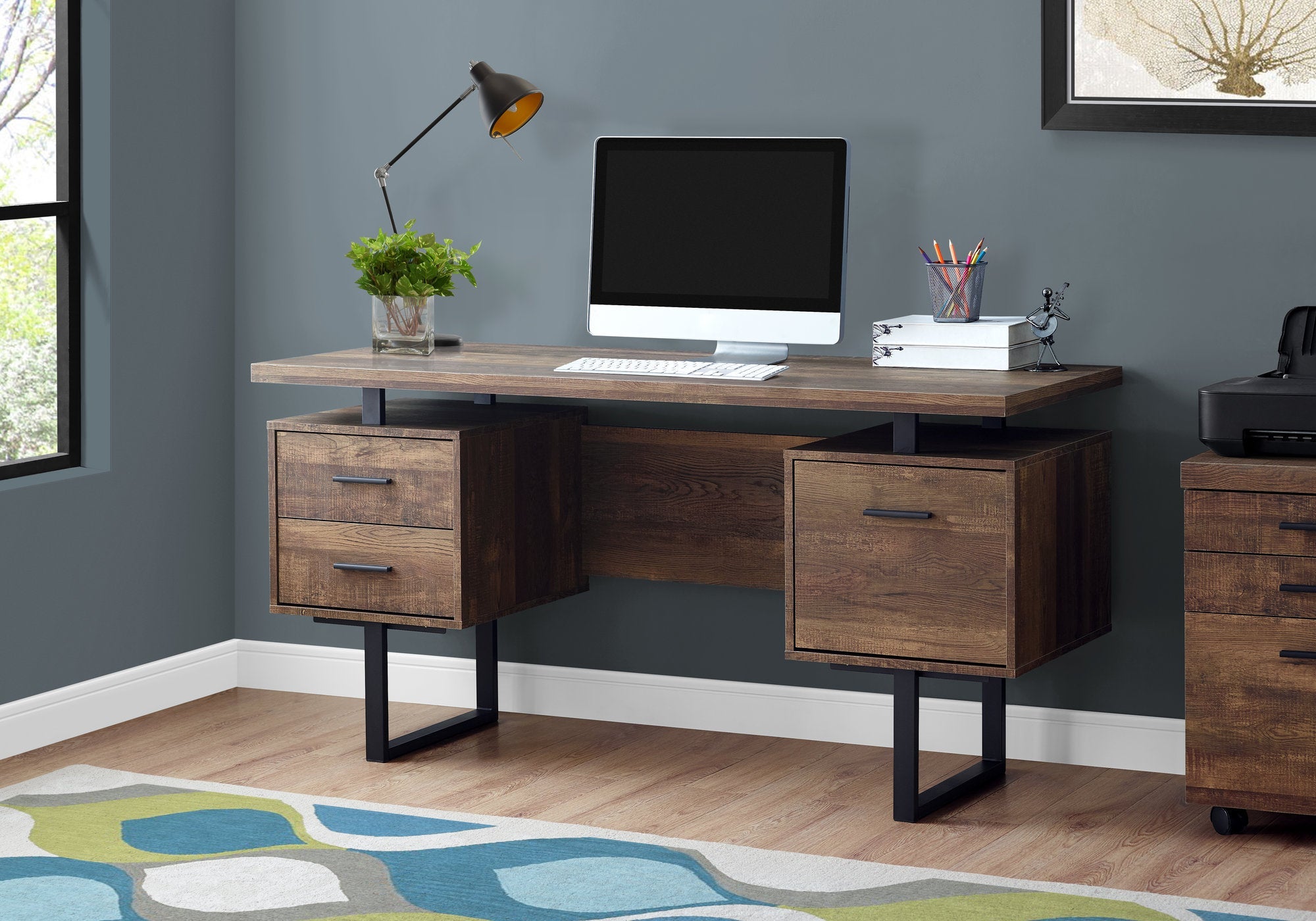 I 7416 Bureau, Bureau À Domicile, Ordinateur Portable, Configuration Gauche, Droite, Tiroirs De Rangement, 60"l, Travail, Métal, Stratifié, Brun, Noir, Contemporain, Moderne - Simple Boutique