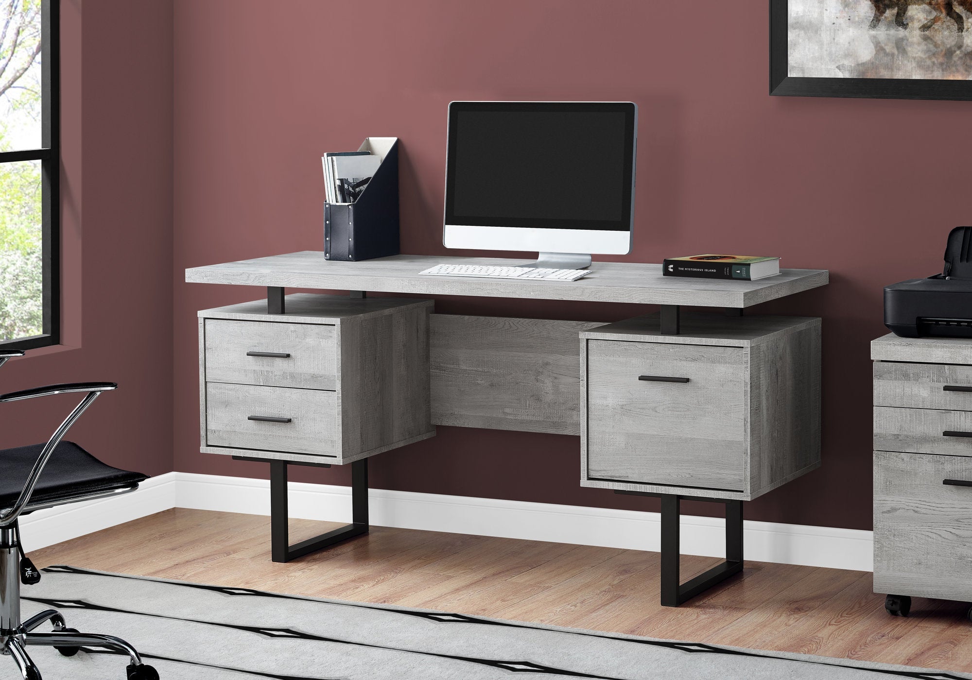 I 7417 Bureau, Bureau À Domicile, Ordinateur Portable, Configuration Gauche, Droite, Tiroirs De Rangement, 60"l, Travail, Métal, Stratifié, Gris, Noir, Contemporain, Moderne - Simple Boutique