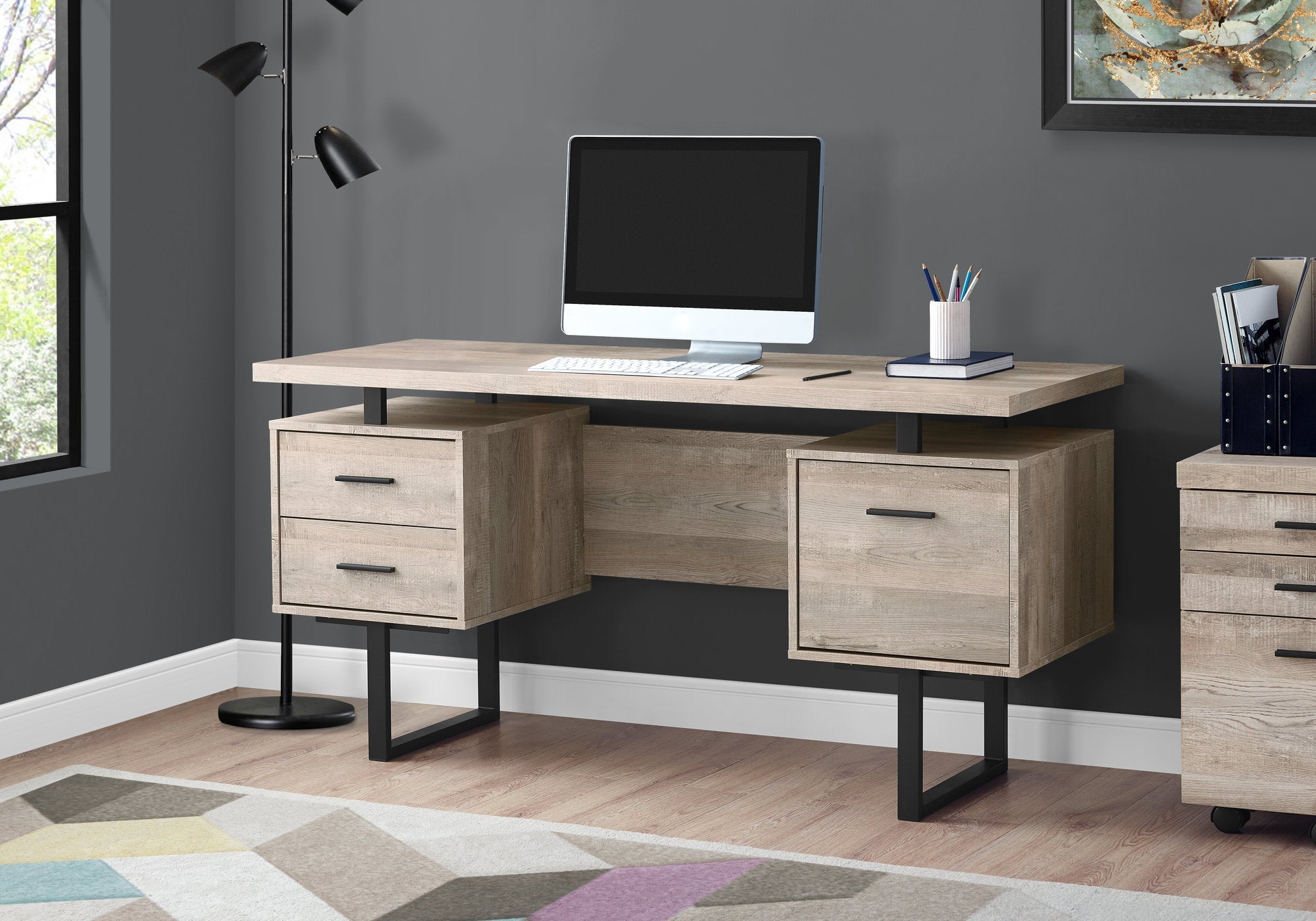I 7418 Bureau, Bureau À Domicile, Ordinateur Portable, Configuration Gauche, Droite, Tiroirs De Rangement, 60"l, Travail, Métal, Stratifié, Beige, Noir, Contemporain, Moderne - Simple Boutique