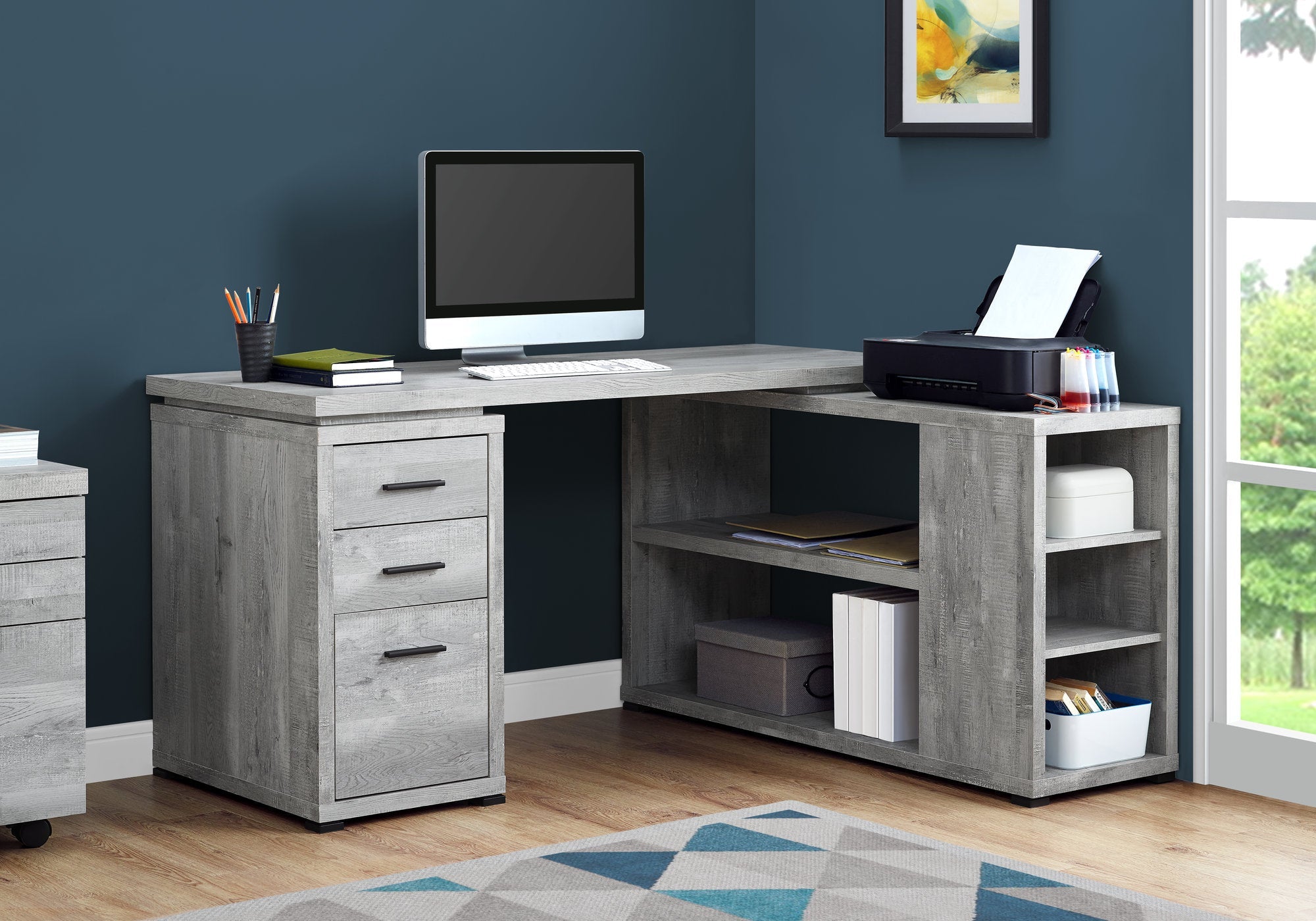 I 7421 Bureau, Bureau À Domicile, Coin, Configuration Gauche, Droite, Tiroirs De Rangement, Forme De L, Travail, Ordinateur Portable, Stratifié, Gris, Contemporain, Moderne - Simple Boutique