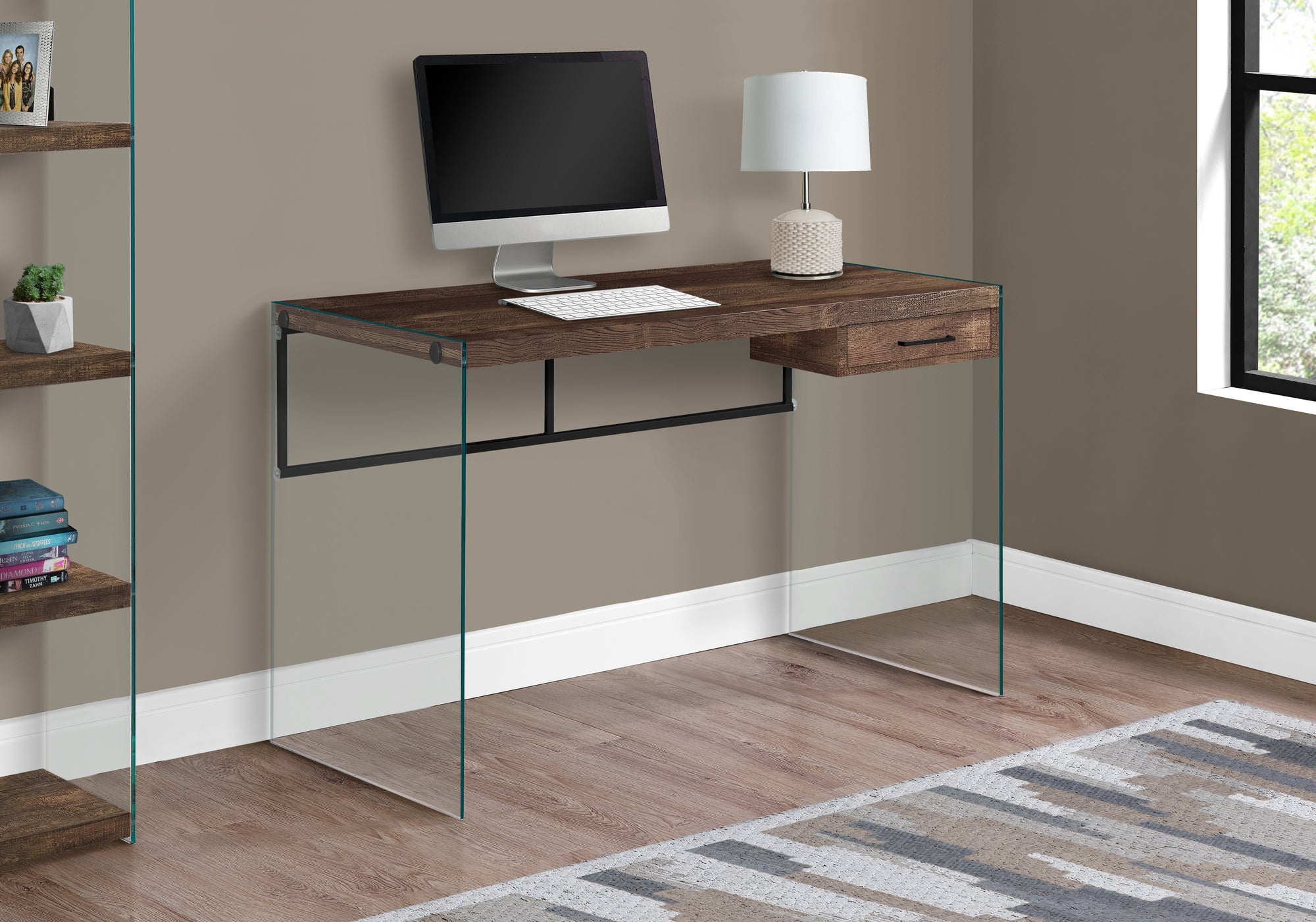 I 7444 Bureau, Bureau À Domicile, Ordinateur Portable, Tiroirs De Rangement, 48"l, Travail, Verre Trempé, Stratifié, Brun, Dégager, Contemporain, Moderne - Simple Boutique