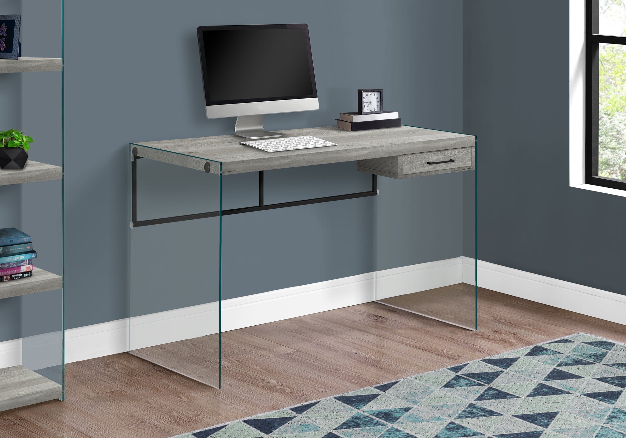 I 7445 Bureau, Bureau À Domicile, Ordinateur Portable, Tiroirs De Rangement, 48"l, Travail, Verre Trempé, Stratifié, Gris, Dégager, Contemporain, Moderne - Simple Boutique