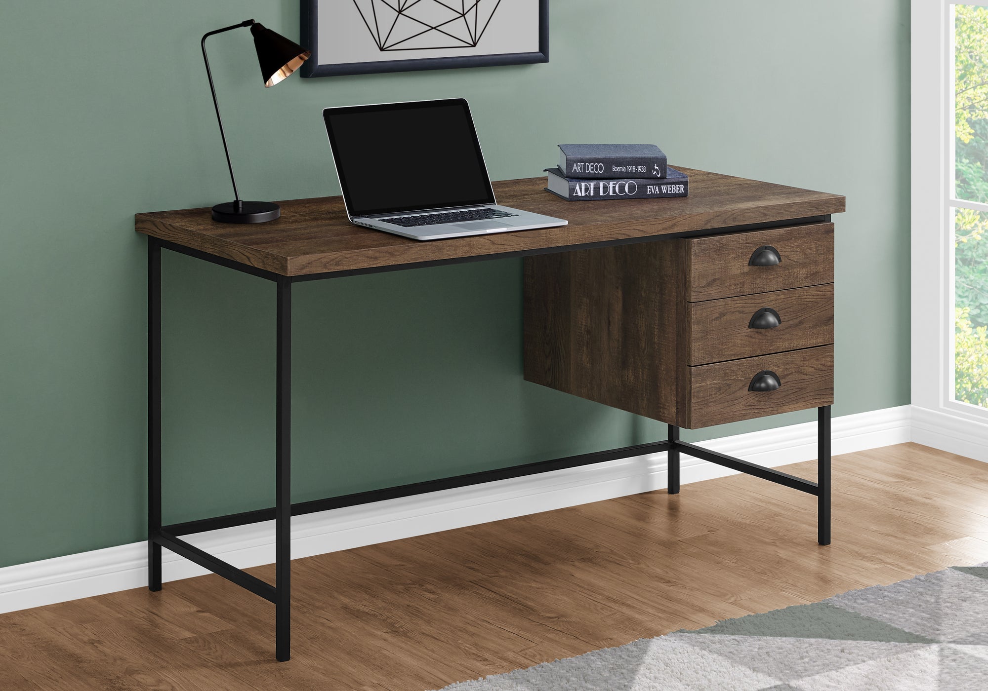 I 7485 Bureau, Bureau À Domicile, Ordinateur Portable, Tiroirs De Rangement, 55"l, Travail, Métal, Stratifié, Brun, Noir, Contemporain, Moderne - Simple Boutique