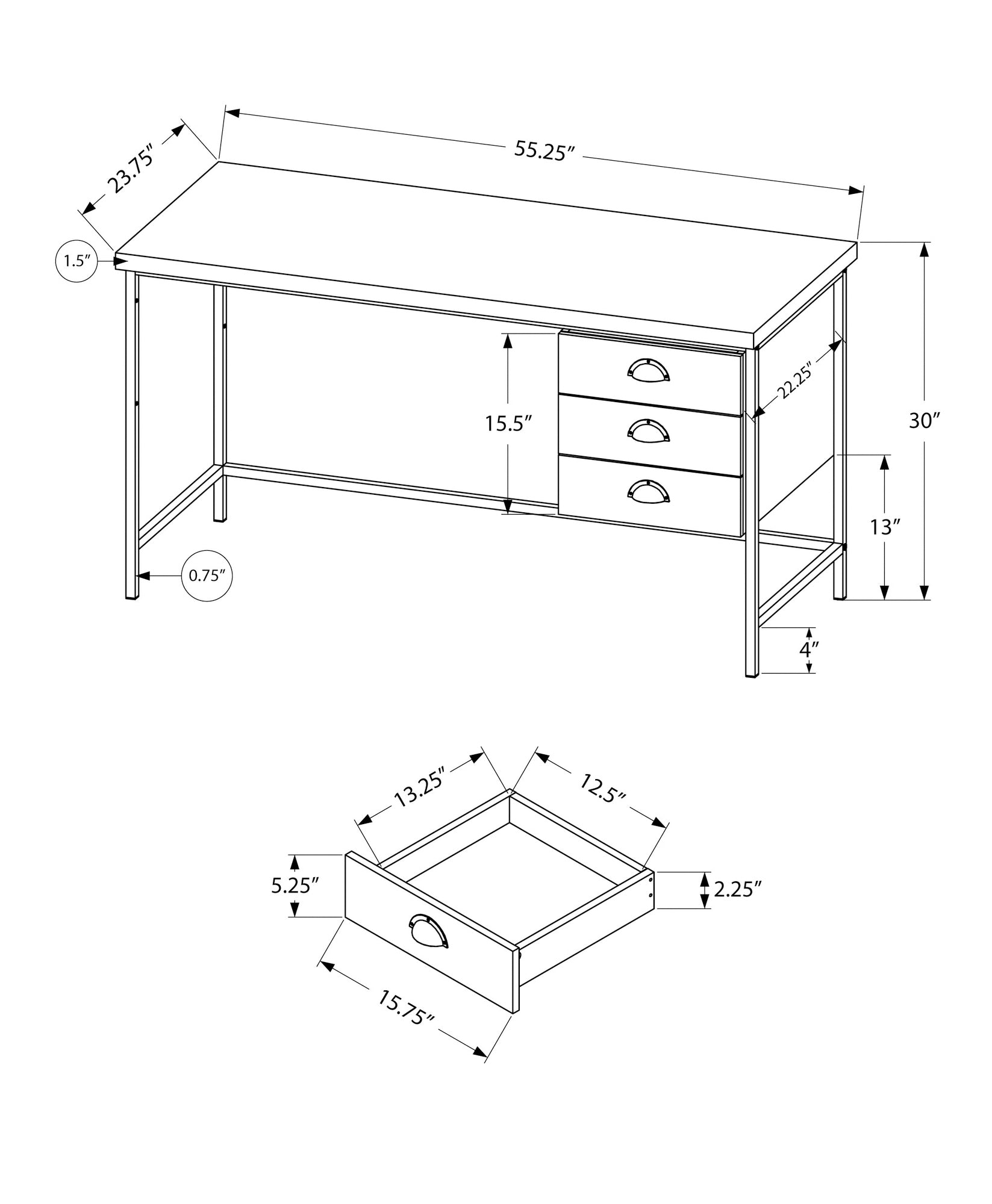 I 7486 Bureau, Bureau À Domicile, Ordinateur Portable, Tiroirs De Rangement, 55"l, Travail, Métal, Stratifié, Gris, Noir, Contemporain, Moderne - Simple Boutique