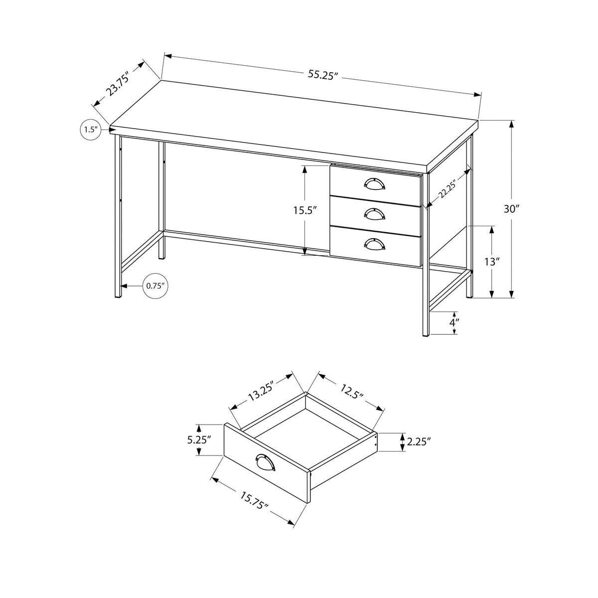 I 7486 Bureau, Bureau À Domicile, Ordinateur Portable, Tiroirs De Rangement, 55"l, Travail, Métal, Stratifié, Gris, Noir, Contemporain, Moderne - Simple Boutique