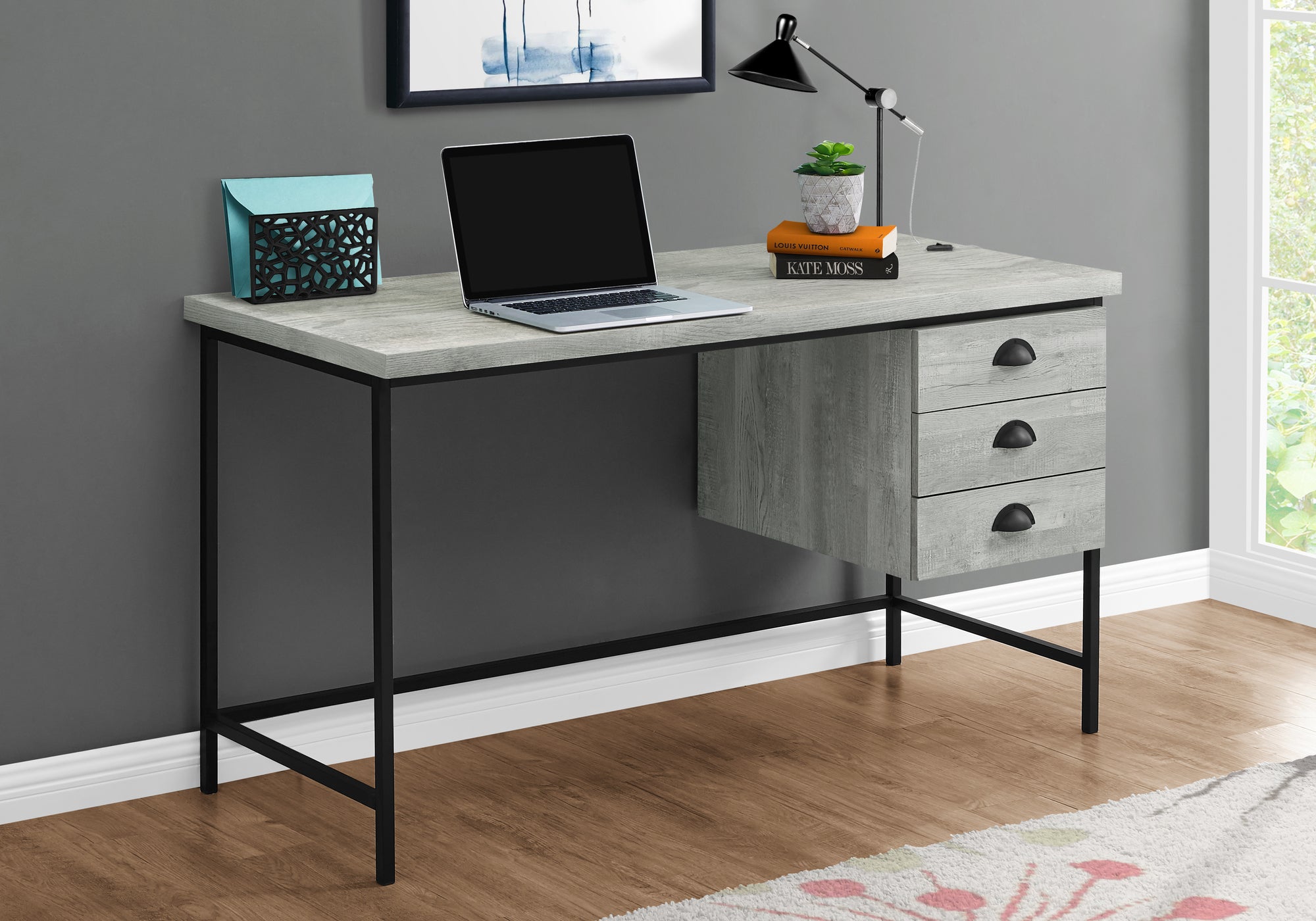 I 7486 Bureau, Bureau À Domicile, Ordinateur Portable, Tiroirs De Rangement, 55"l, Travail, Métal, Stratifié, Gris, Noir, Contemporain, Moderne - Simple Boutique
