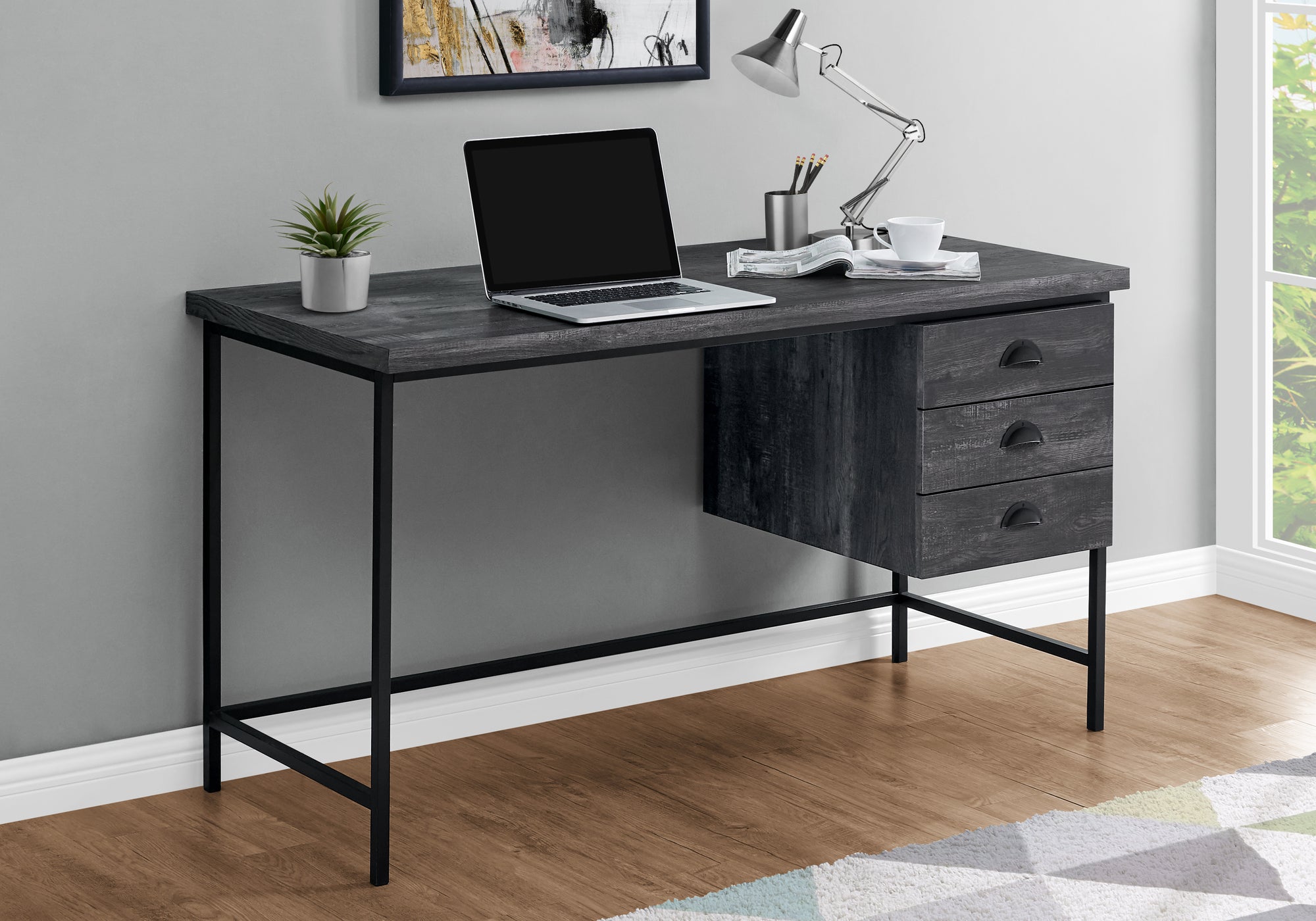 I 7488 Bureau, Bureau À Domicile, Ordinateur Portable, Tiroirs De Rangement, 55"l, Travail, Métal, Stratifié, Noir, Contemporain, Moderne - Simple Boutique