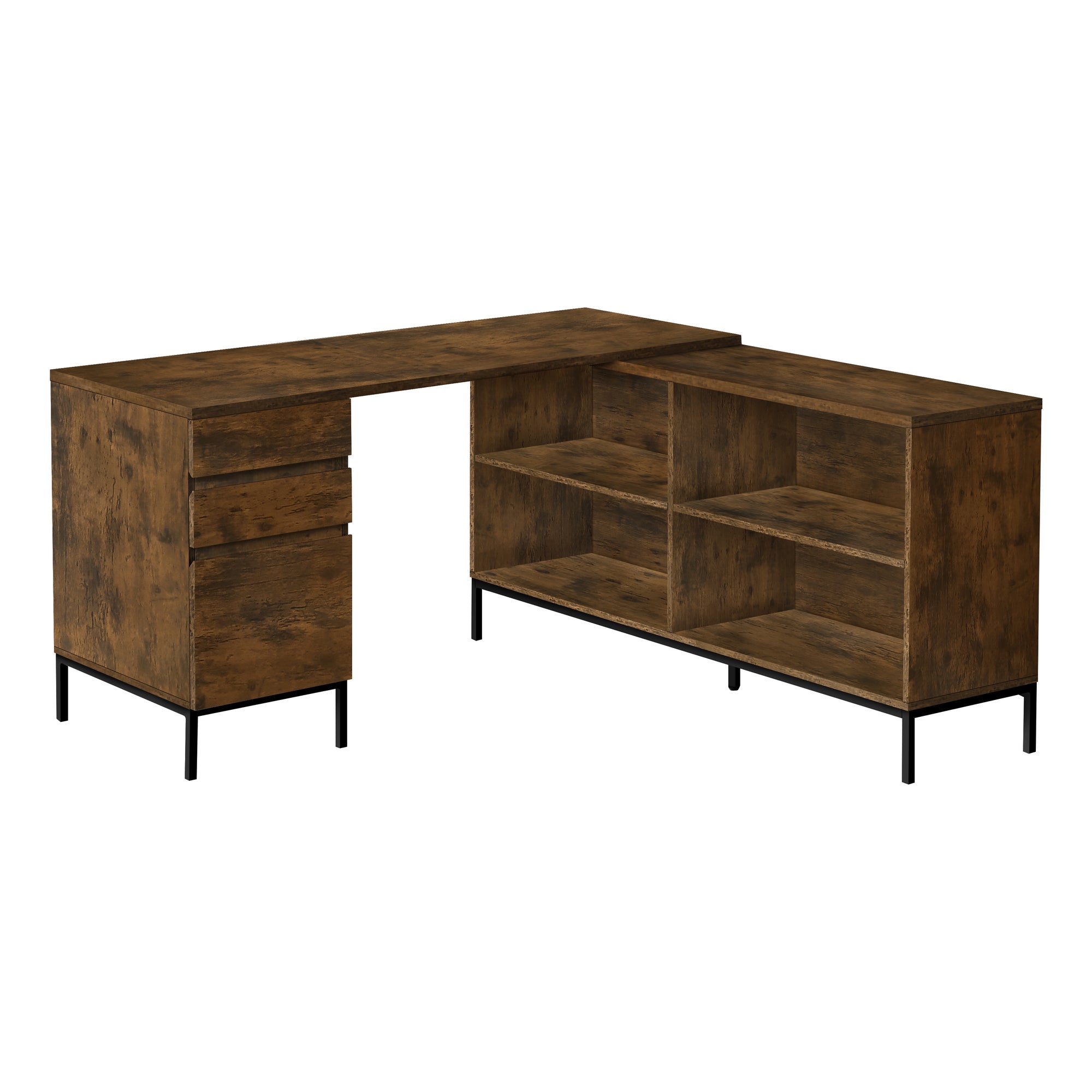 I 7490 Bureau, Bureau À Domicile, Coin, Tiroirs De Rangement, 60"l, Forme De L, Travail, Ordinateur Portable, Métal, Stratifié, Brun, Noir, Contemporain, Moderne - Simple Boutique