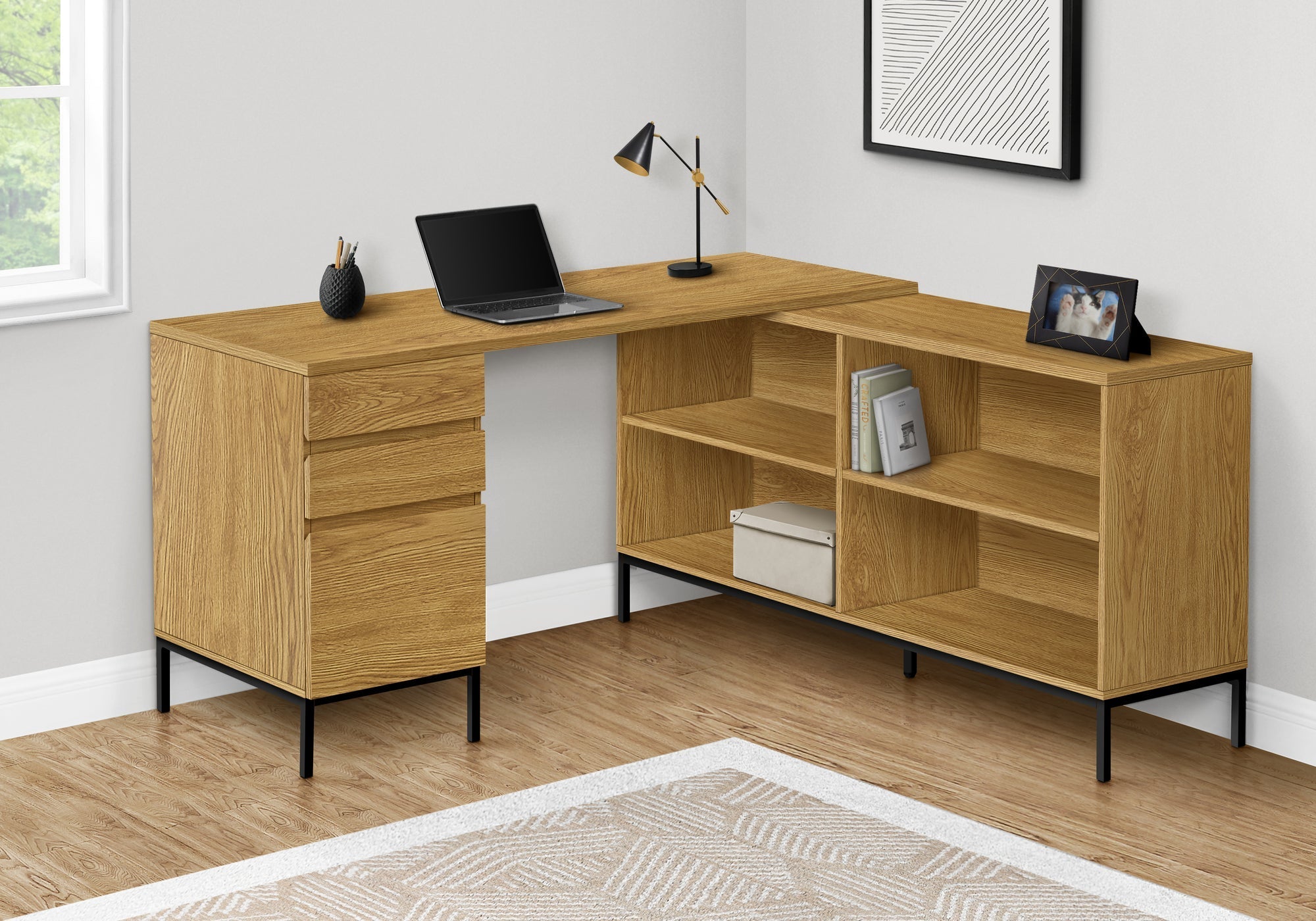 I 7491 Bureau, Bureau À Domicile, Coin, Tiroirs De Rangement, 60"l, Forme De L, Travail, Ordinateur Portable, Métal, Stratifié, Brun, Noir, Contemporain, Moderne - Simple Boutique