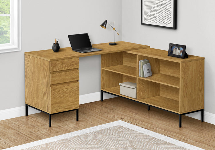 I 7491 Bureau, Bureau À Domicile, Coin, Tiroirs De Rangement, 60"l, Forme De L, Travail, Ordinateur Portable, Métal, Stratifié, Brun, Noir, Contemporain, Moderne - Simple Boutique