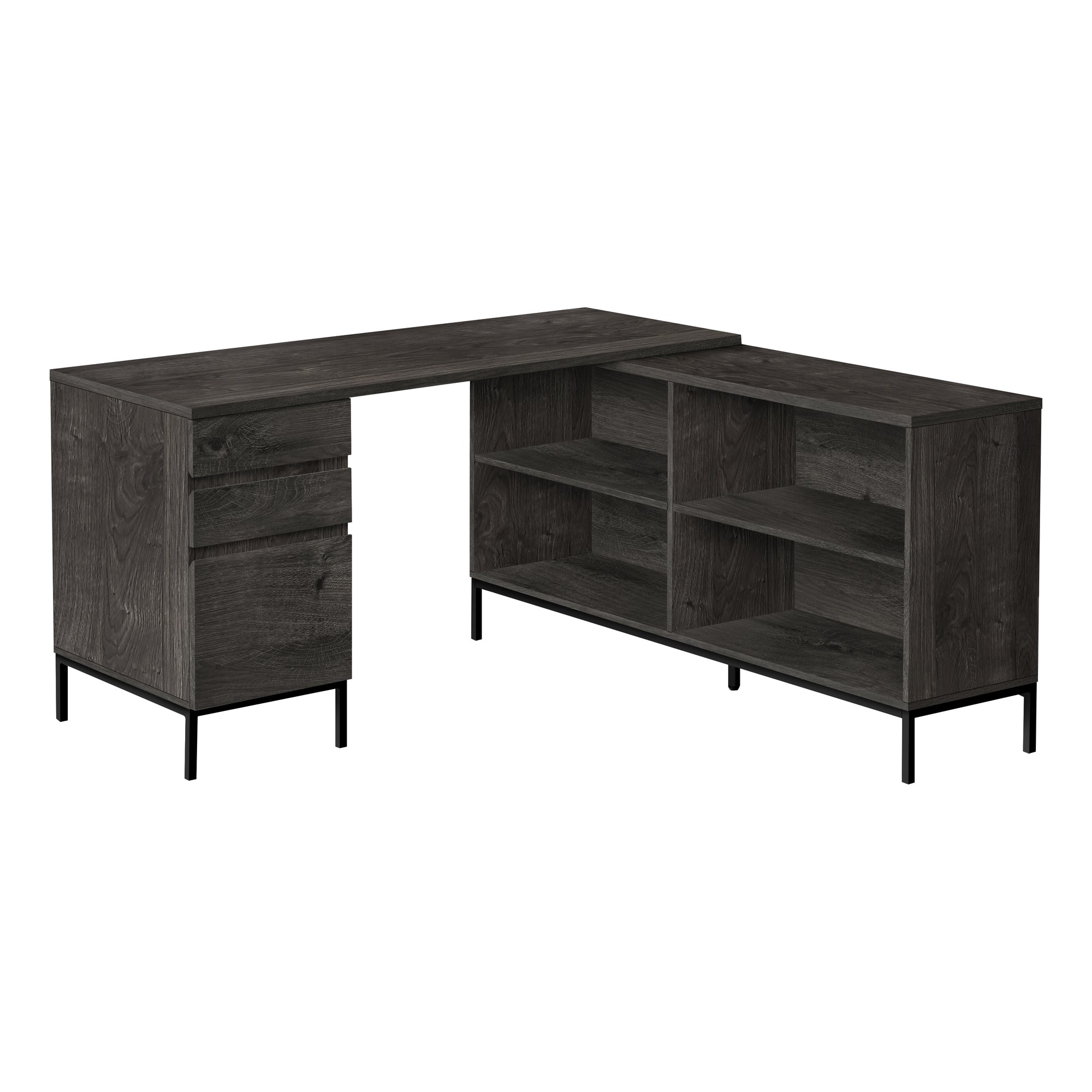 I 7492 Bureau, Bureau À Domicile, Coin, Tiroirs De Rangement, 60"l, Forme De L, Travail, Ordinateur Portable, Métal, Stratifié, Gris, Noir, Contemporain, Moderne - Simple Boutique
