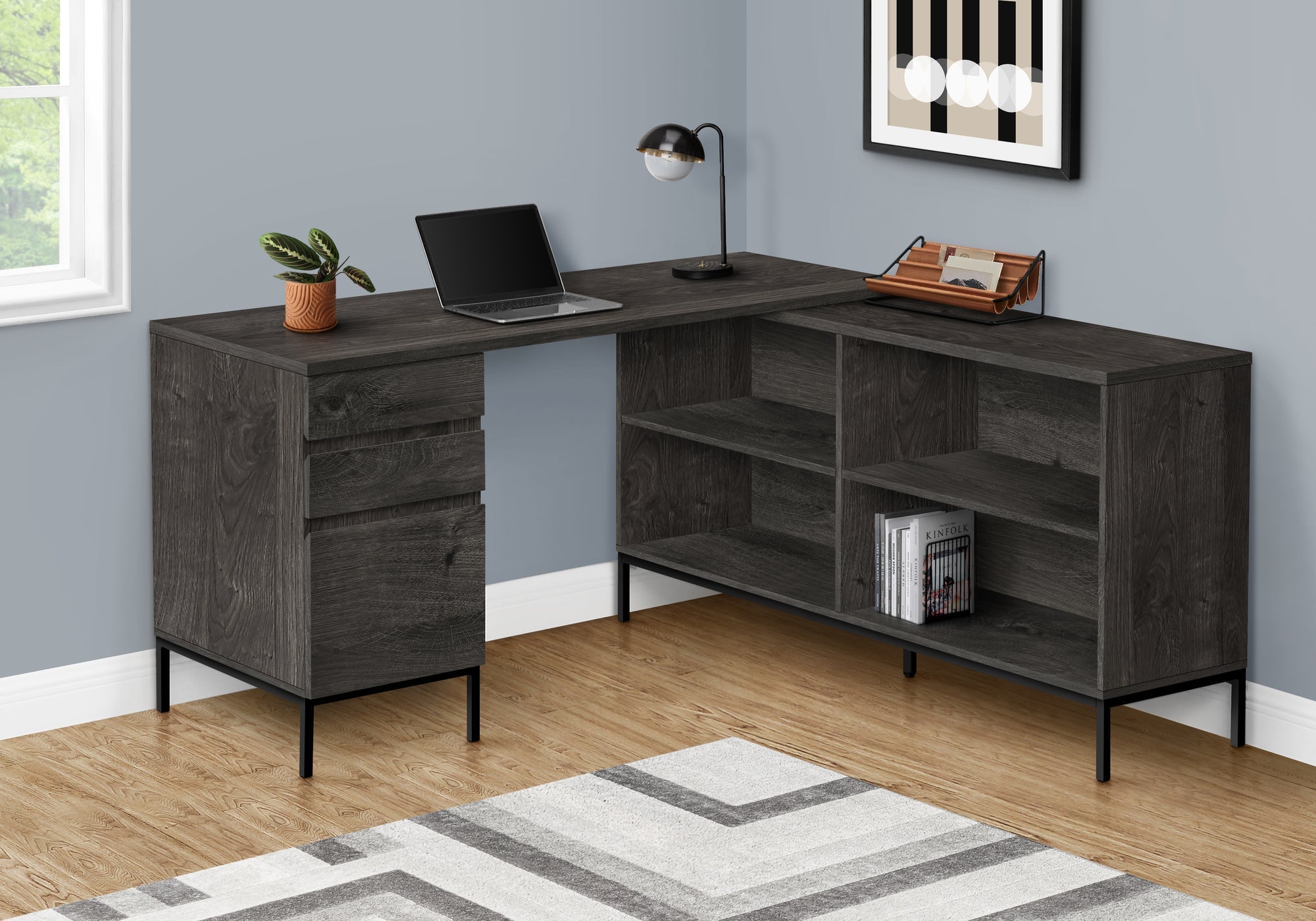 I 7492 Bureau, Bureau À Domicile, Coin, Tiroirs De Rangement, 60"l, Forme De L, Travail, Ordinateur Portable, Métal, Stratifié, Gris, Noir, Contemporain, Moderne - Simple Boutique